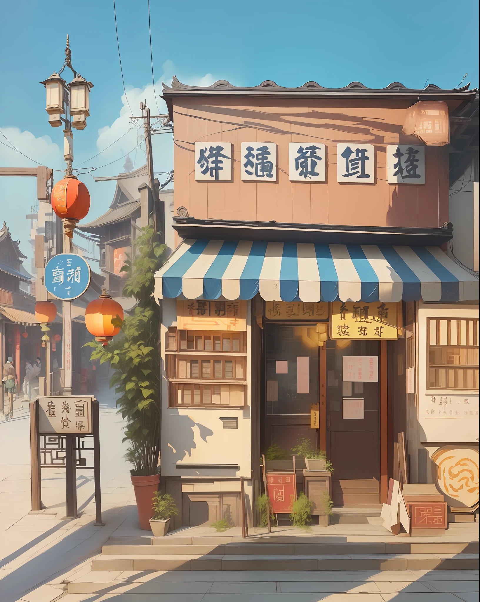 Chinese architectural masterpiece, best quality, shop, real world, fantasy, charming, modern, (no one: 1), Chinese modern street, bustling street, traditional building, lantern, vintage wooden signboard, modern atmosphere. ,