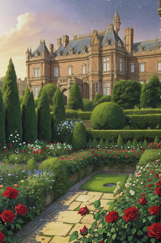 garden, full of roses, victorian, moody, stars, palace, castle, royalty, tea time