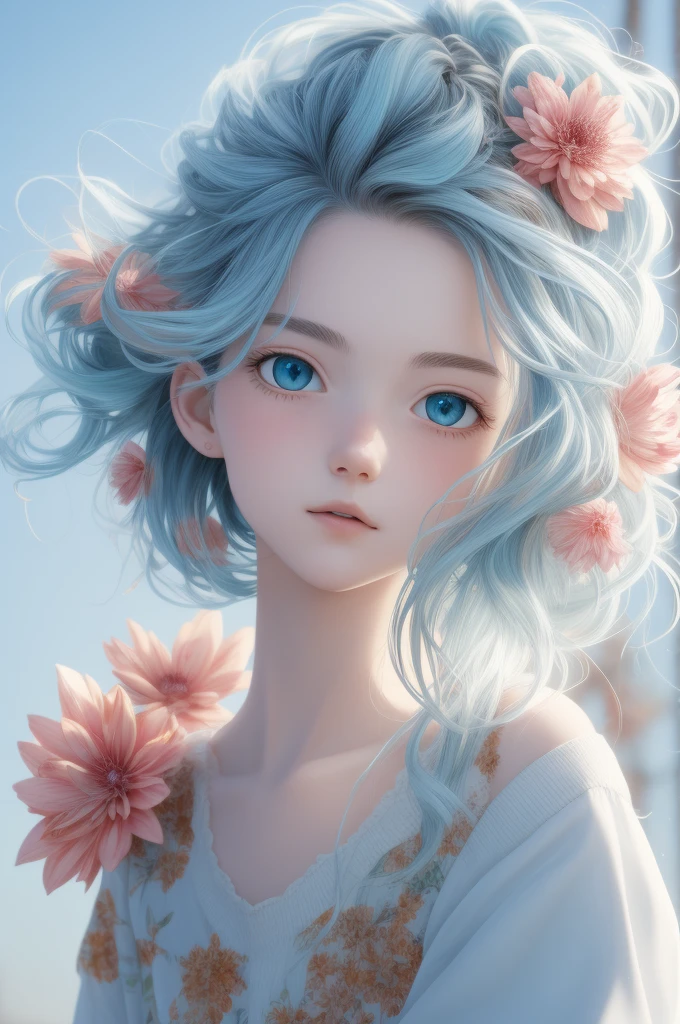 A girl with blue hair and flowers in her hair - SeaArt AI