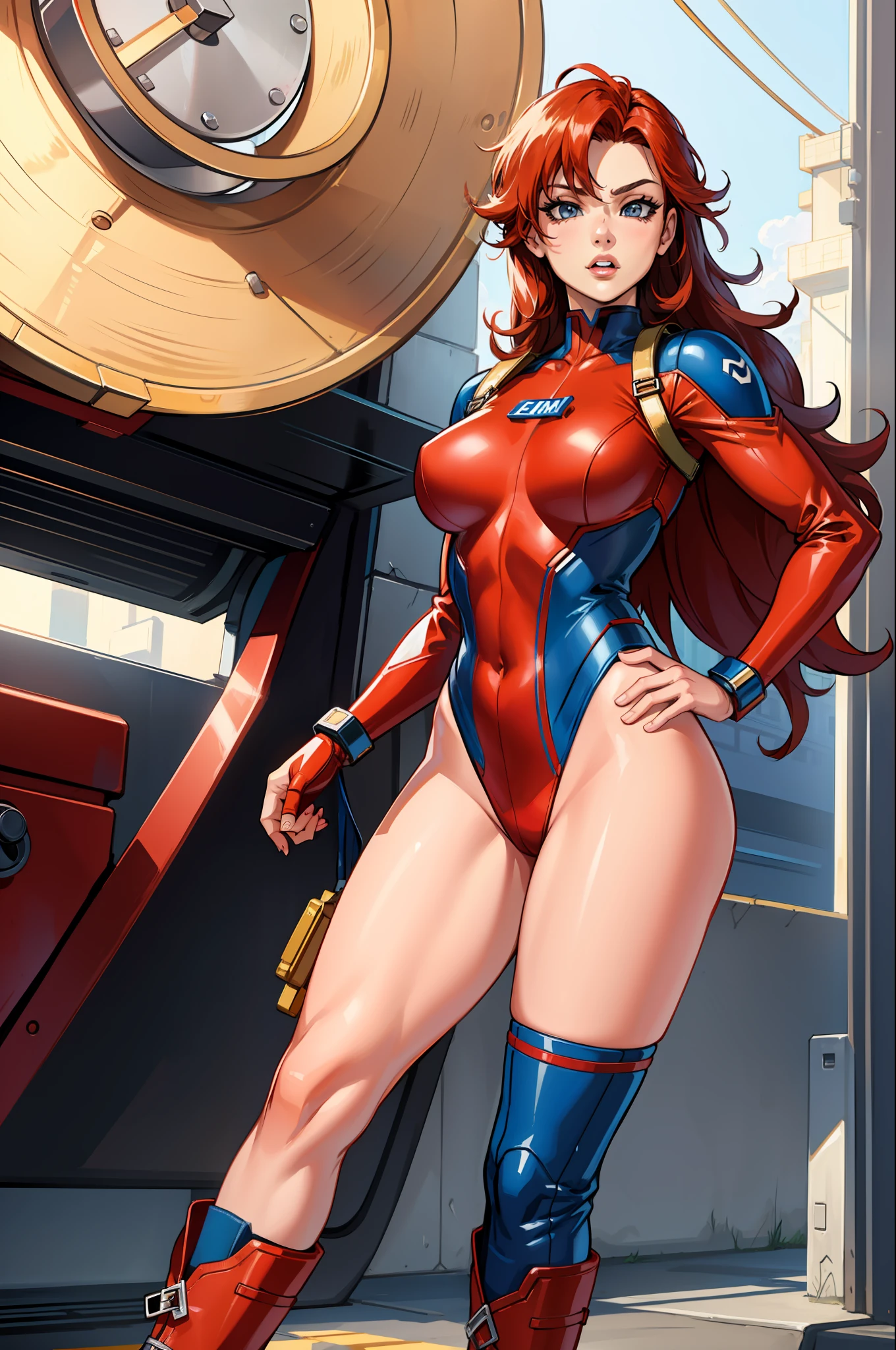 masterpiece, best quality, female, superhero, leotard, bare legs, boots, standing, matching boots, red hair