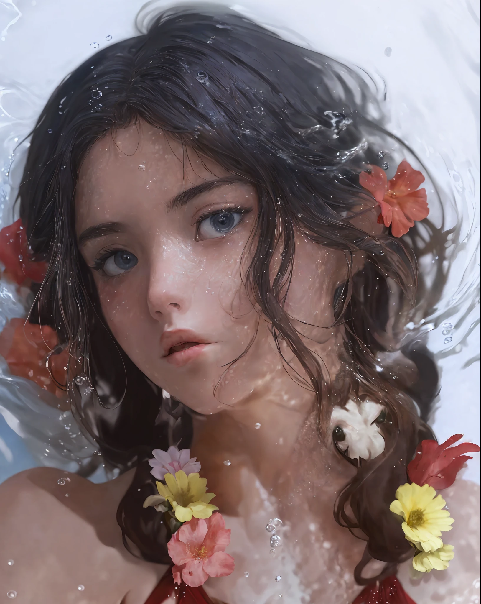 (extremely realistic and mesmerizing masterpiece) close-up shot of (1girl) swimming gracefully underwater; her (bare shoulders) and (white top) glistening in the water; her (beautiful) and (petite) figure showcased perfectly as she glides through the pool; (pov side) view of her stunning face and mesmerizing gaze.