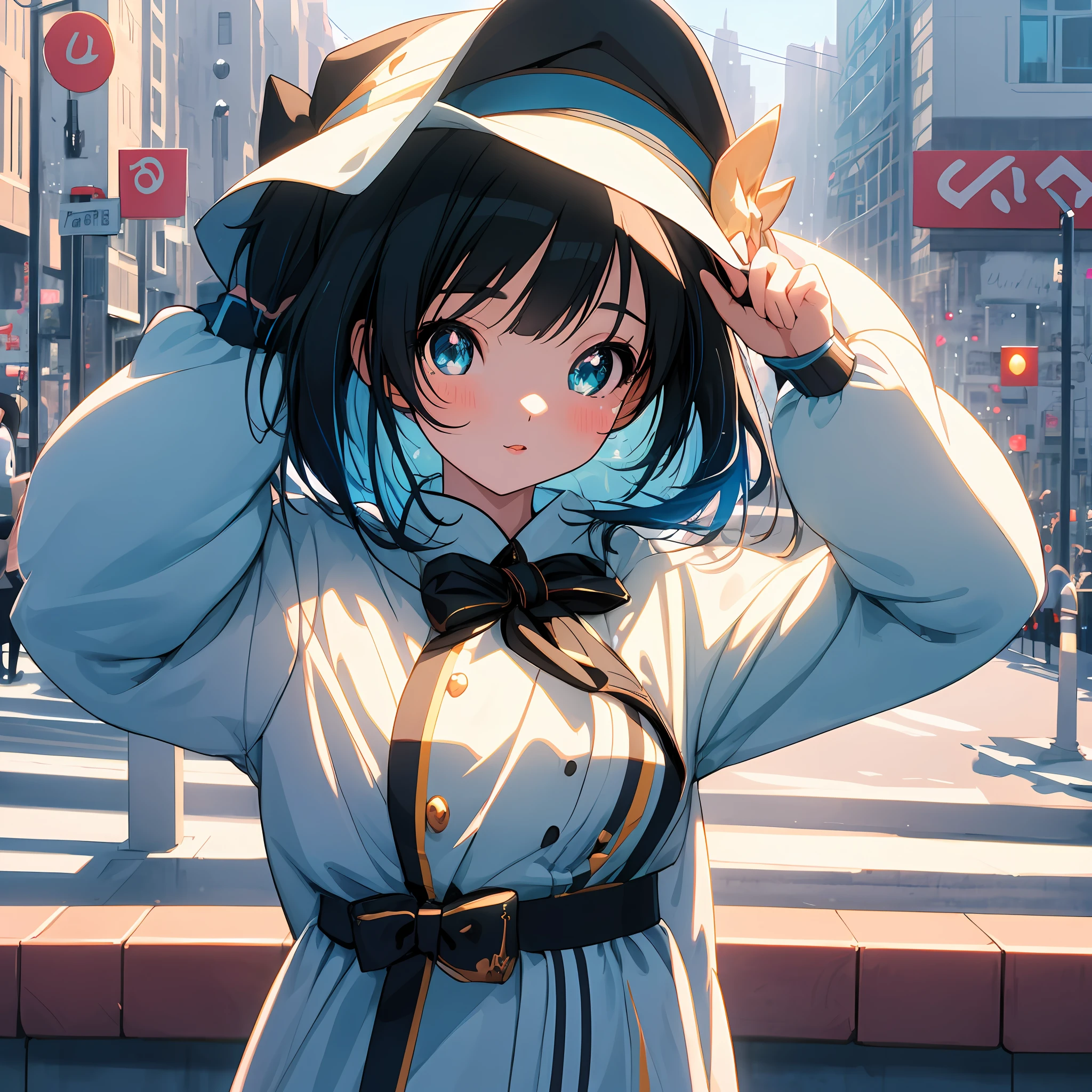 Anime girl, perfect face, extremely detailed, perfect hands,cute photo pose,wearing a hat, comfortable baggy clothing, sparkling eye's,close up shot, vibrant colors,day,city streets,8k,64k, HD, unparalleled masterpiece, dynamic lighting, cinematic, epic