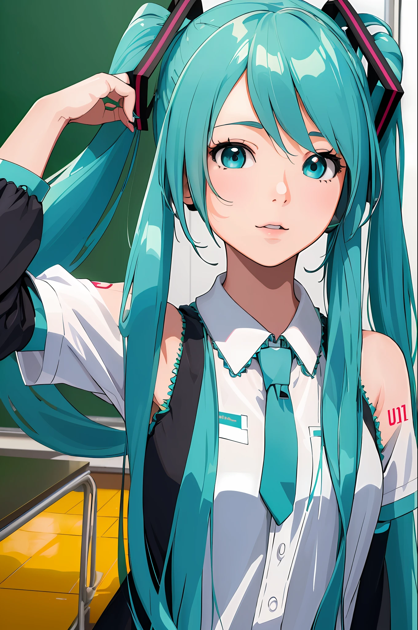 (best quality:1.4), highres, masterpiece, ultra detailed, realistic, 1girl, (hatsune miku:1.1), medium breasts, classroom, detailed face, 3d face, (portrait:1.0)