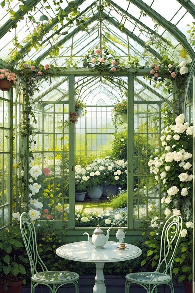 secret garden, lush, floral, white rose, botanical, romanticism, moody, tea, tea time, glass chairs, greenhouse