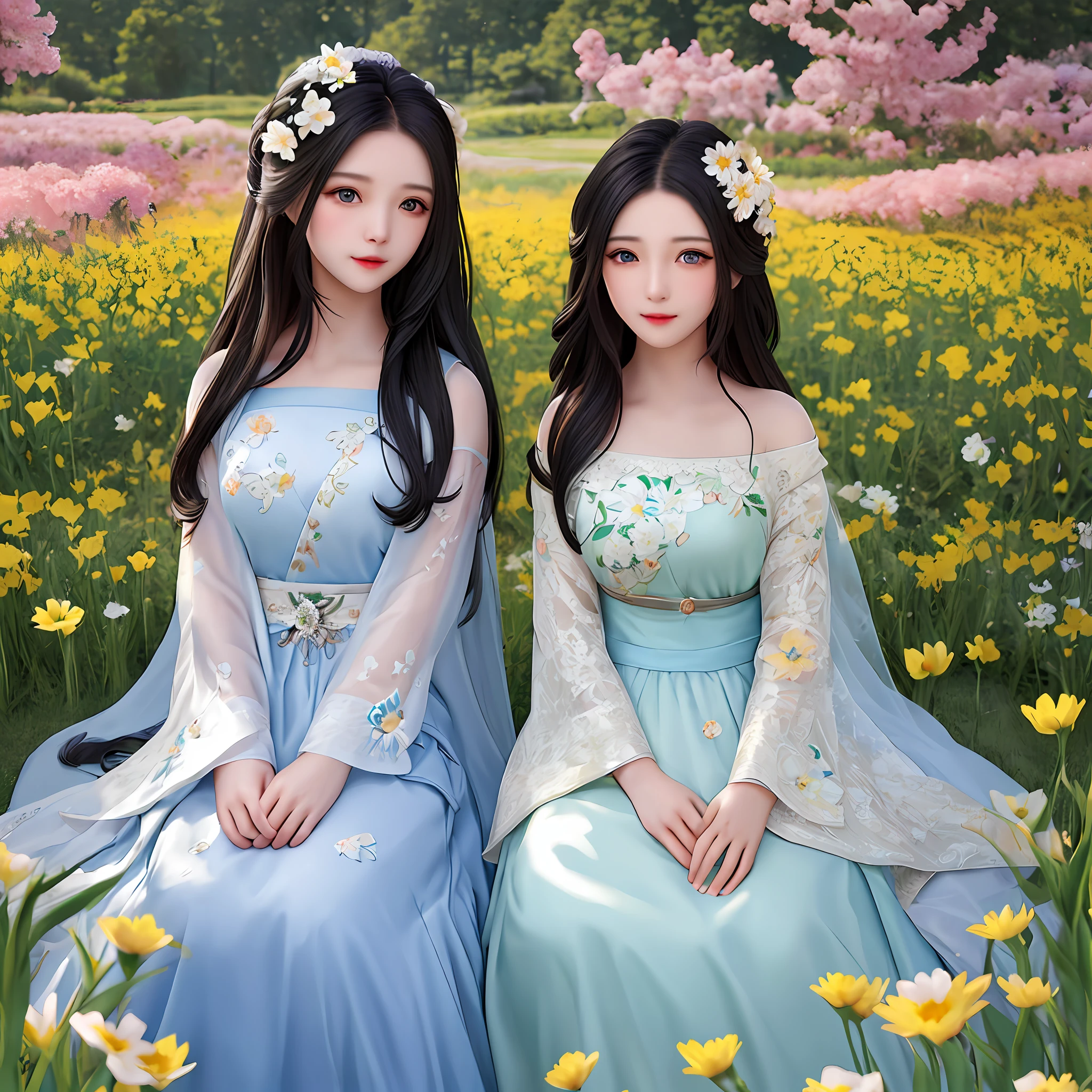 Masterpiece, daytime, flower field, 2 girls, long hair, black hair, beautiful and detailed eyes, embarrassment, tilting head, adjusting hair,