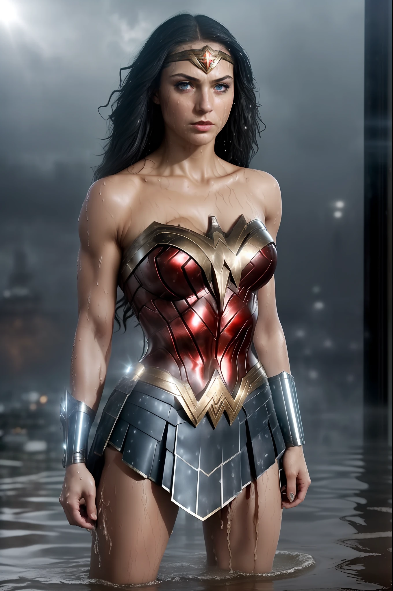Masterpiece, 1girl's photo, full body, wonder woman, superhero, leotard, boots, tiara, realistic blue eyes, dark hair, lips, solo, (public outfit: 1.4), natural skin texture, slightly suntanned skin tone (dirty :1.2) and (soaked:1.2), (detailed skin), (wet skin), sweating, (wet body), dynamic pose, wet long hair, sexy, black, (wet ), (((dark atmosphere)) ), on Rooftop and Dark City as background, Muscular, Toxic, Epic, Realistic, Blurred, Desaturated, Surreal, ((((Spotlight Above))), Cinematic, (Dramatic Rim Lights ), Fog & Flower Effects, 8k , high quality, film grain, Fujifilm XT3, (gray_scale:1.4), (bust:1.2)