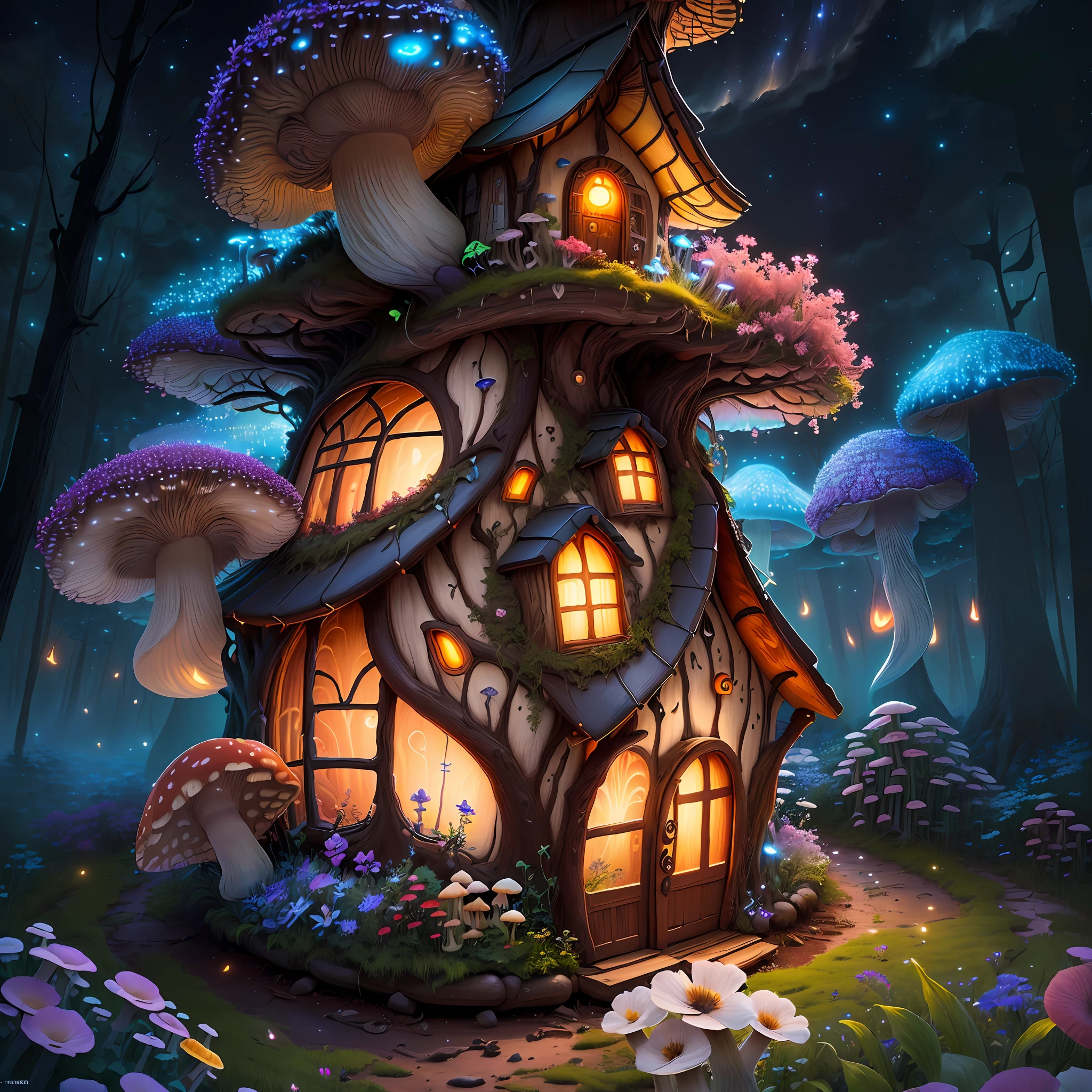 (Swirling clouds and colorful flowers), (forest fireflies fantasy mushroom house), (midnight), (Irregular), (mysterious), (ridiculous), dreamy, disney, painted by Thomas Kincaid, artstation, sharp focus, inspiring 8k wallpaper,