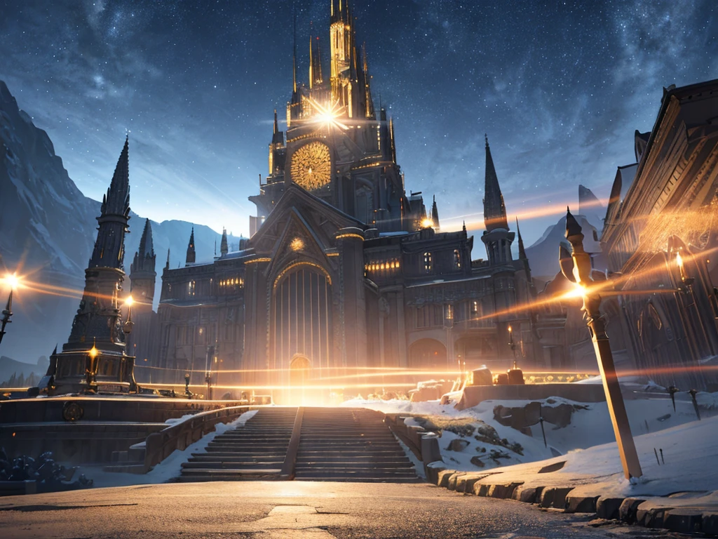 long shot, landscape background, (at night:1.2), ((Cinematic lighting)), ((dramatic lighting)), intricate detail, lens flare