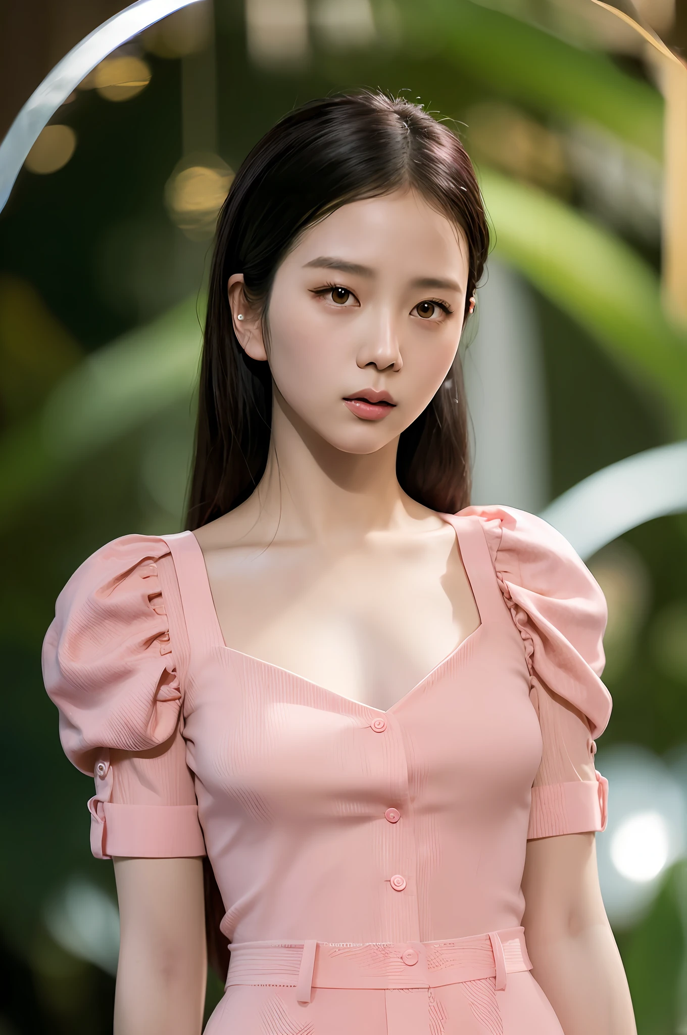 Gentle and charming Chinese beautiful woman, half-length photo, delicate and sexy collarbone, charming oval face, double eyelids, vivid peach blossom eyes, pink lips, small nose, bare shoulders, focused face, face close-up, ultra-high-definition, Super details, elegant standing posture, Korean style puff sleeve square collar slim short shirt, matched with high waist light-colored jeans suit
