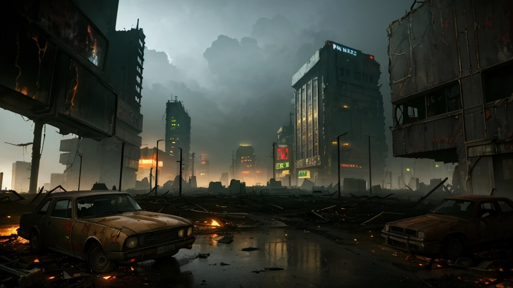 (masterpiece), (best quality), (detailed), landscape resembling a fallout, post-apocalyptic environment, dark and atmospheric, cyberpunk and post-apocalyptic elements, desolate cityscape, crumbling buildings, abandoned vehicles, fog and darkness engulfing the scene, high-resolution 8k image, capturing the eerie and mysterious essence of a world transformed by catastrophe