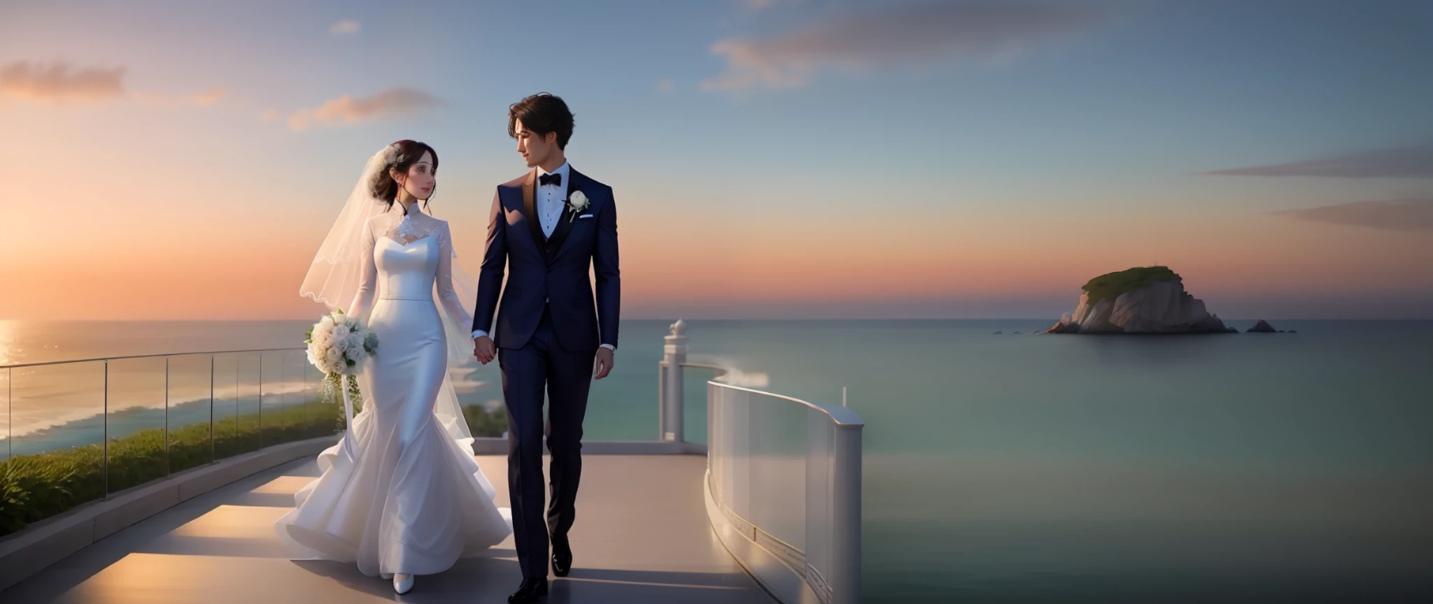 bride and groom walking on a walkway near the ocean, a digital rendering by Aya Goda, trending on cg society, romanticism, lovely couple, ao dai, render, true realistic image, wedding photo, very realistic, very very realistic, couple pose, formal attire, white sleeves, cg art, happy couple, rendering, bride and groom, beautiful and elegant