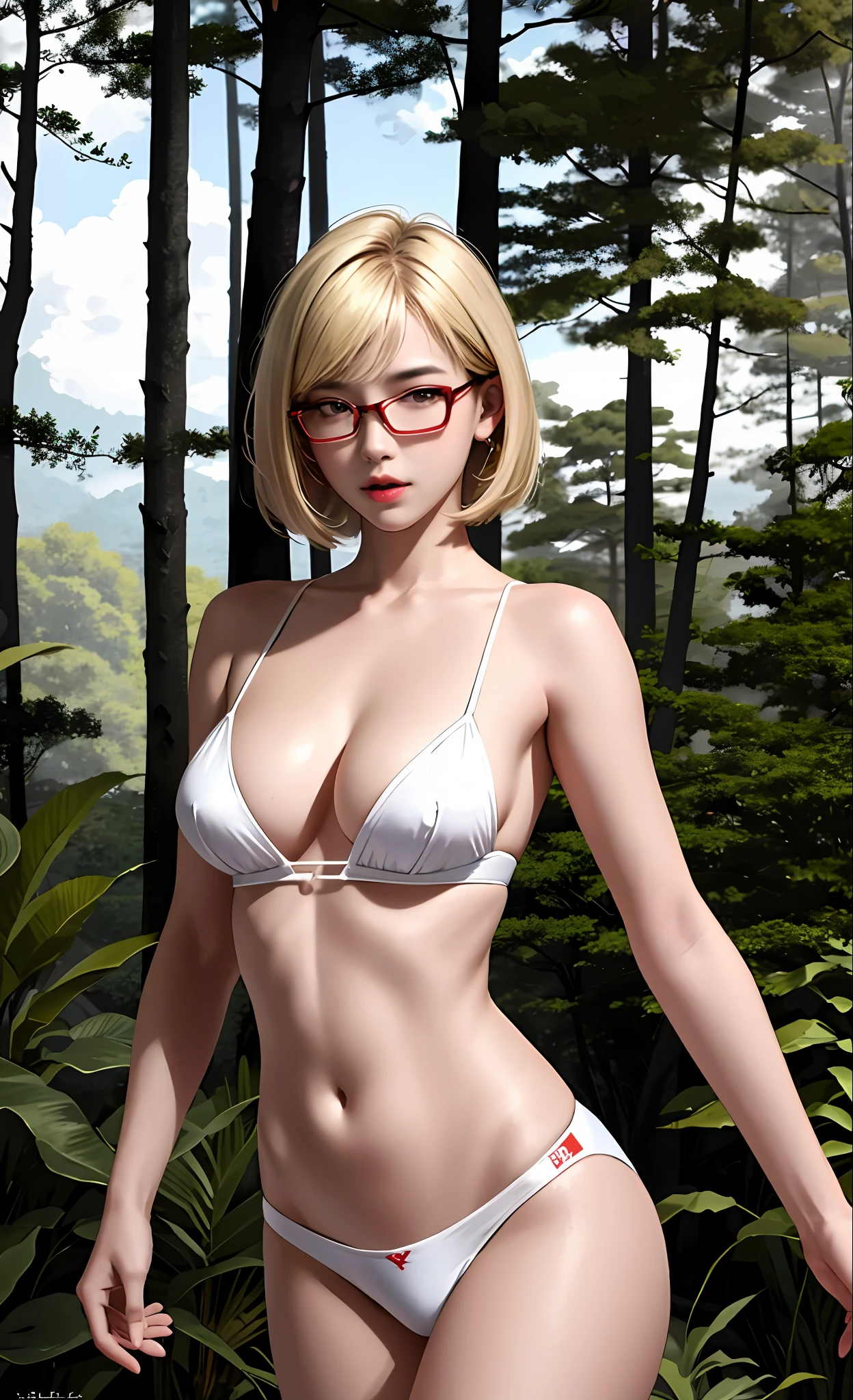 best quality, masterpiece, high detail, most realistic, high definition, adult film stars, realistic breasts, beautiful body, white thai girl 16 years old ,has a nice body and breasts 36 , she He has short blonde hair, a bob with bangs, wears red glasses, and wears red underwear. , dancing seductively in the forest, forest, night, lustful,, dark, low light