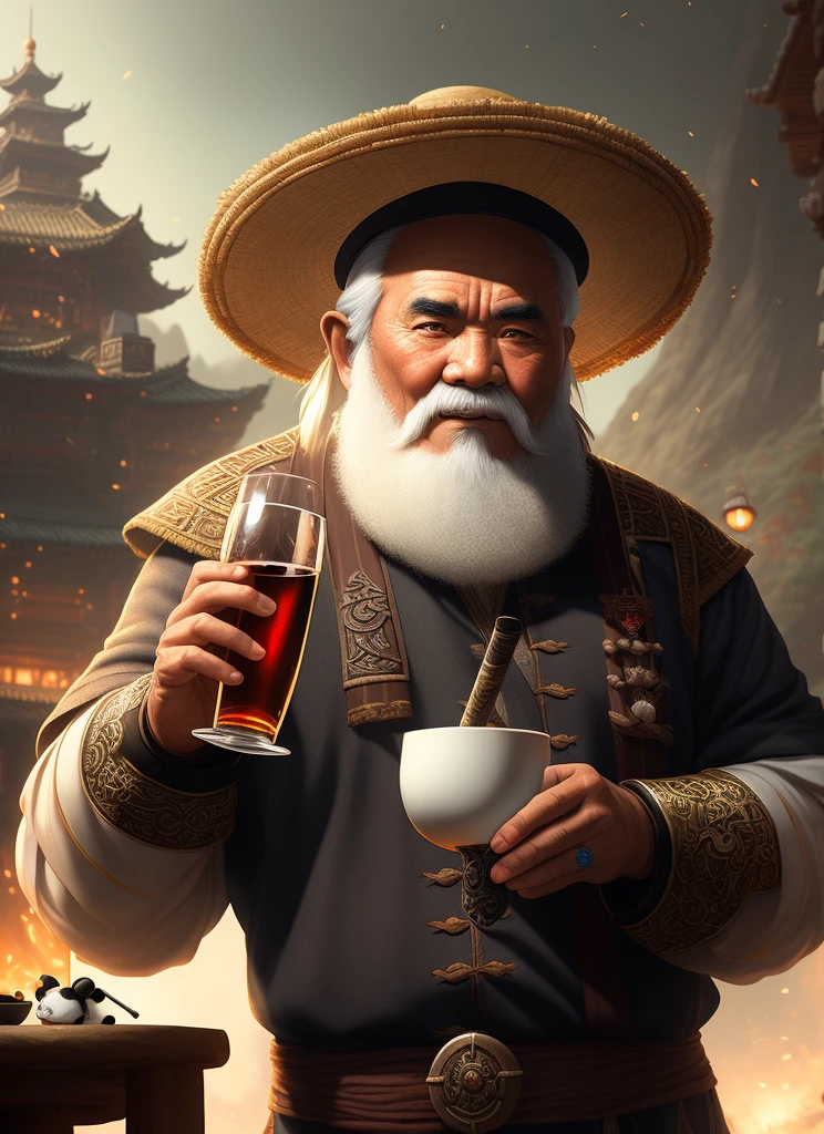 8k render, realistic digital painting of rpg dwarf warrior, iceberg, intricate details, fantasy universe, intricate magic embroidery, highly detailed hair, highly detailed eyes, tense face, [elden ring|d &amp; d] concept art, rpg portrait, Octane rendering, cinematic lighting, (soft shadows: 1.2), depth of field, splash art, art by wlop and greg rutkowski an old chinese man drinking wine with a giant panda next to him, giant panda looking at the man, old man head wearing a straw hat and drinking wine