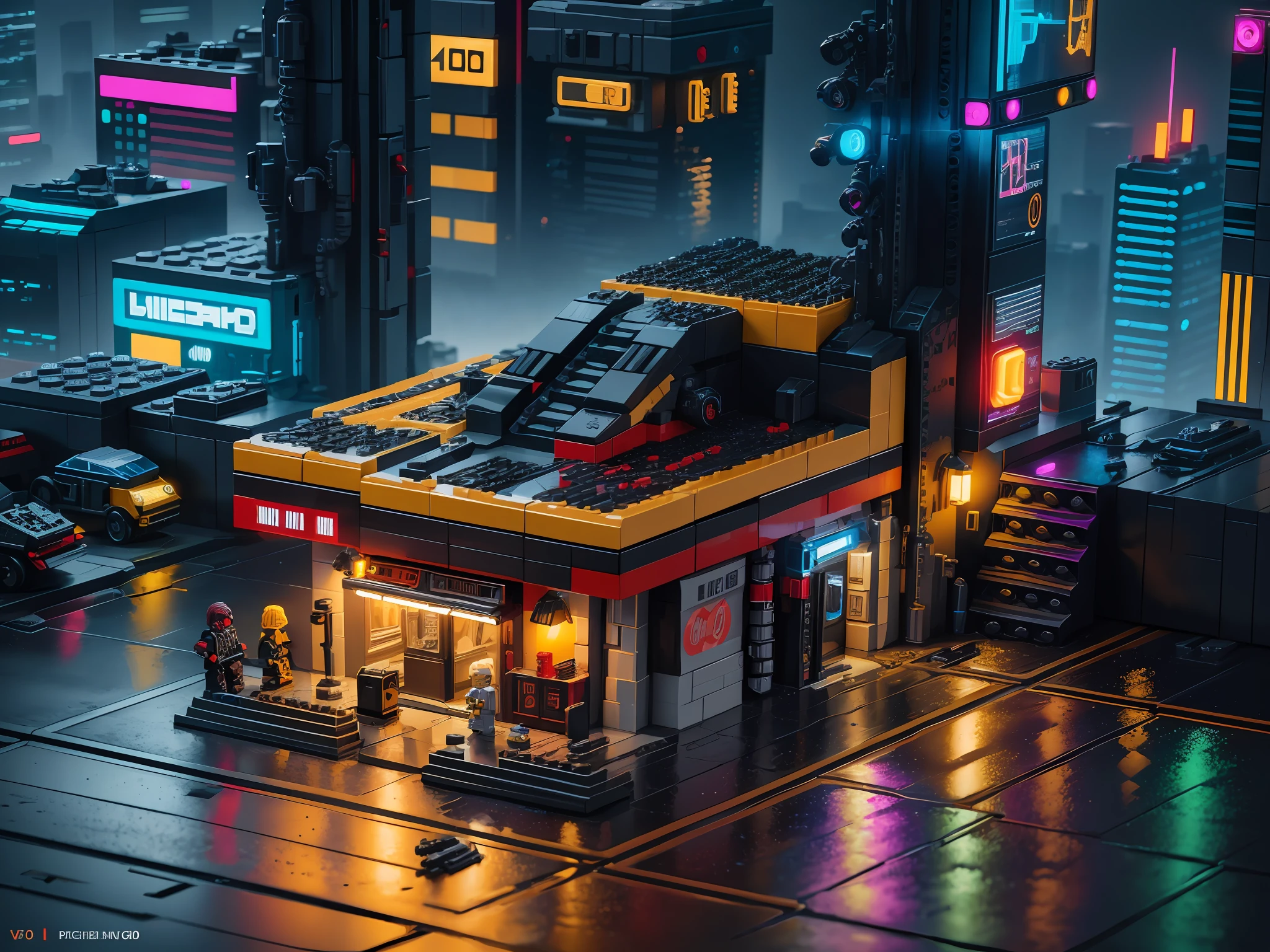 LEGO cyberpunk night scene, highly detailed, super high resolution, 8K UHD --v 6