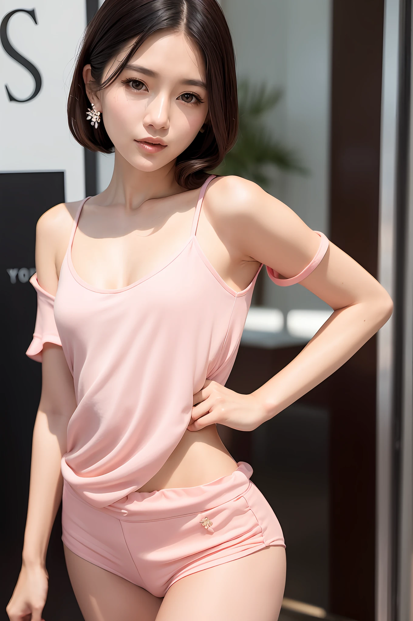 Gentle and beautiful woman, half body photo, delicate and sexy collarbone, charming oval face, double eyelids, smart peach blossom eyes, pink lips, small nose, bare shoulders, focused face, face close-up, ultra-high-definition, super Details, elegant stance, Hong Kong style retro chic suit women&#39;s summer loose Korean version of ins fried street short-sleeved shorts casual sportswear two-piece set