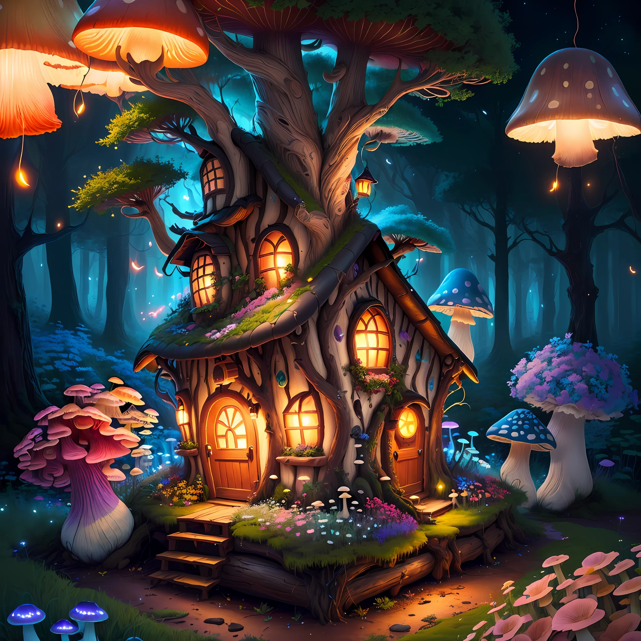 (Swirling clouds and colorful flowers), (forest fireflies fantasy mushroom house), (midnight), (Irregular), (mysterious), (ridiculous), dreamy, disney, painted by Thomas Kincaid, artstation, sharp focus, inspiring 8k wallpaper,