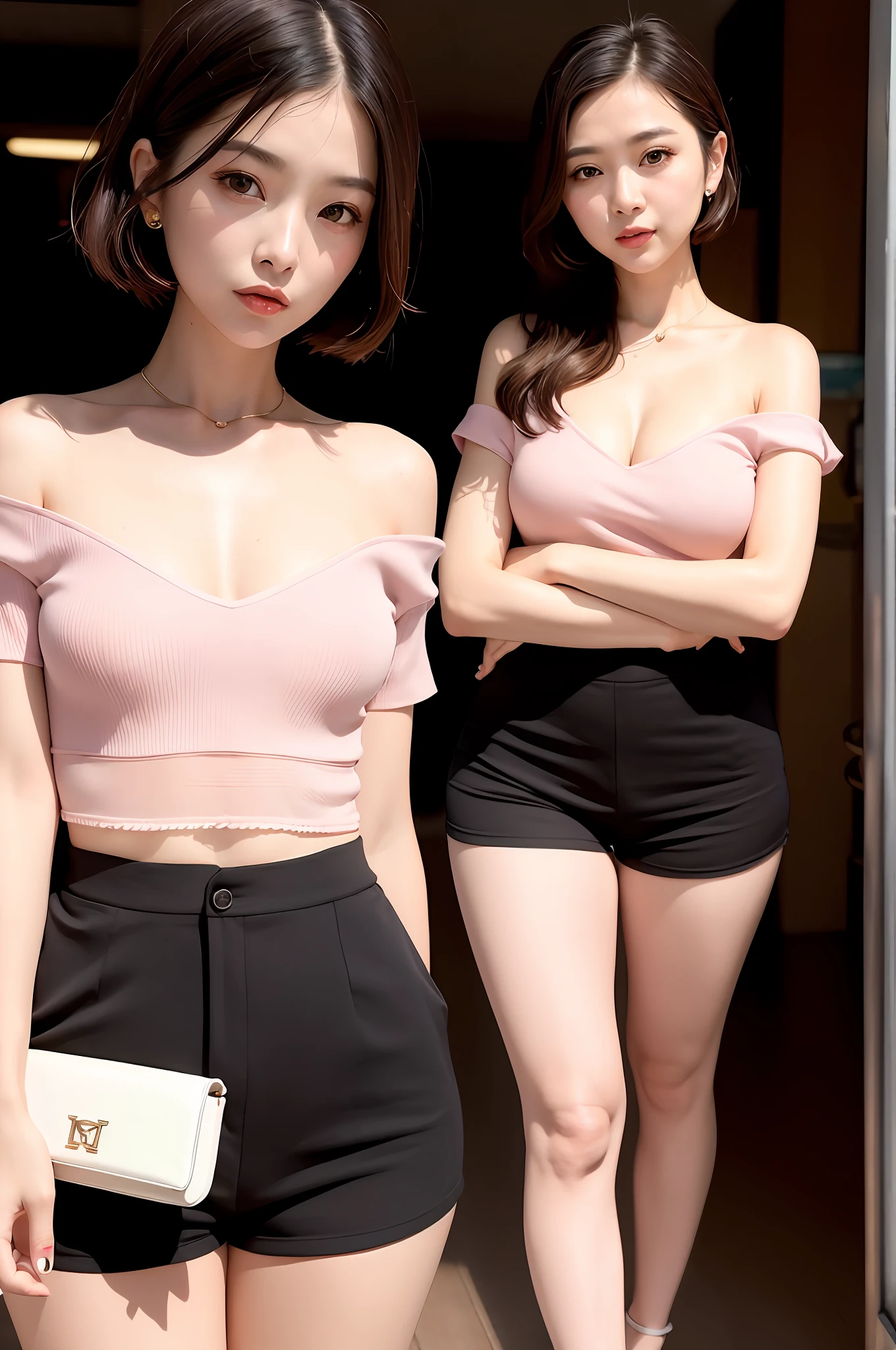 Gentle and beautiful woman, half body photo, delicate and sexy collarbone, charming oval face, double eyelids, smart peach blossom eyes, pink lips, small nose, bare shoulders, focused face, face close-up, ultra-high-definition, super Details, elegant stance, Hong Kong style retro chic suit women&#39;s summer loose Korean version of ins fried street short-sleeved shorts casual sportswear two-piece set