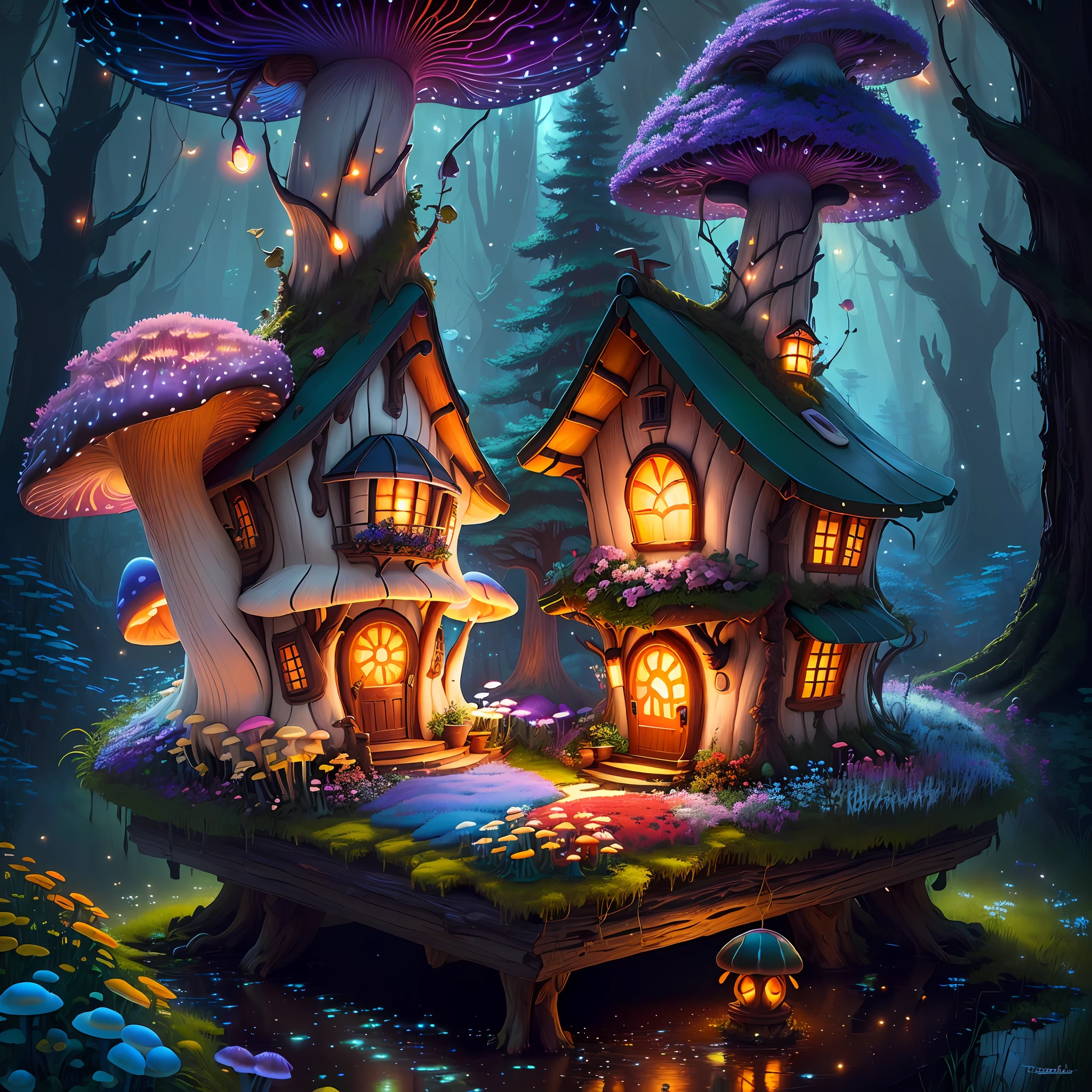 (Swirling clouds and colorful flowers), (forest fireflies fantasy mushroom house), (midnight), (Irregular), (mysterious), (ridiculous), dreamy, disney, painted by Thomas Kincaid, artstation, sharp focus, inspiring 8k wallpaper,