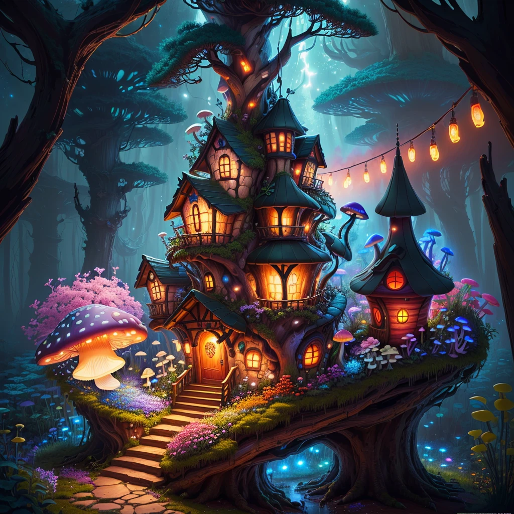 (Swirling clouds and colorful flowers), (forest fireflies fantasy mushroom house), (midnight), (Irregular), (mysterious), (ridiculous), dreamy, disney, painted by Thomas Kincaid, artstation, sharp focus, inspiring 8k wallpaper,