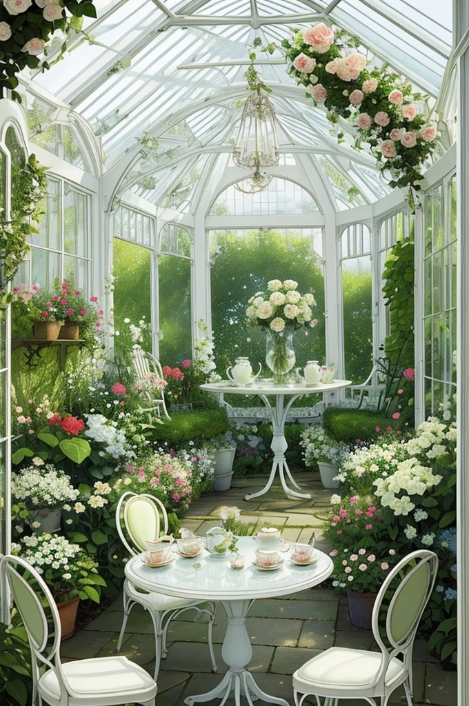 secret garden, lush, floral, white rose, botanical, romanticism, moody, tea, tea time, glass chairs, large conservatory, spacious, cupcakes, sweets