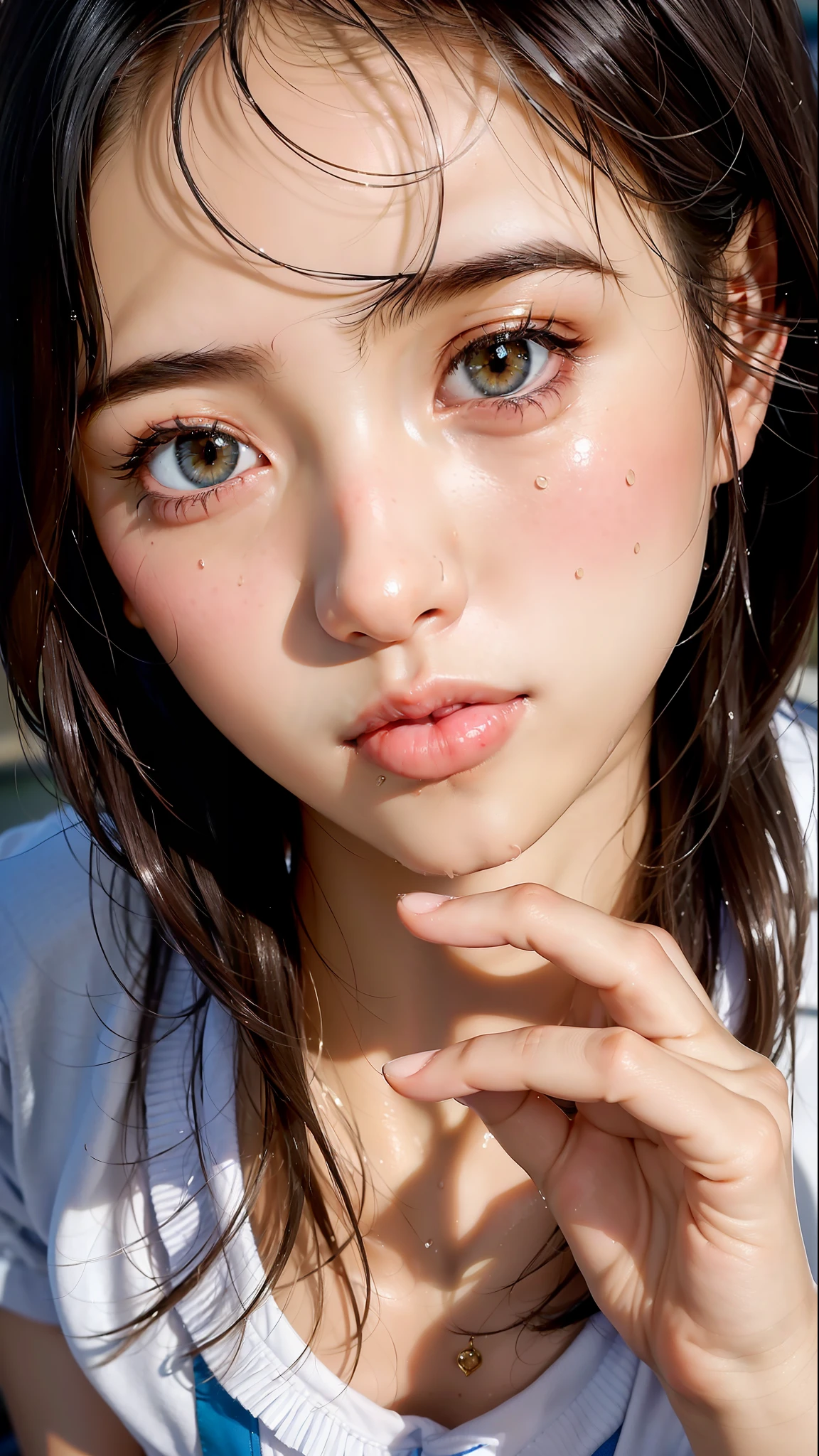 face, (student, teens, cute:1.4), beautiful girl, photorealistic, realistic, hyperrealistic, RAW photo, real skin, firm skin, masterpiece, looking at viewer, tearfilled eyes, face, drunken eyes, full-face blush, sad, (shiny skin:1.3), (sweaty skin:1.2), cum on tongue