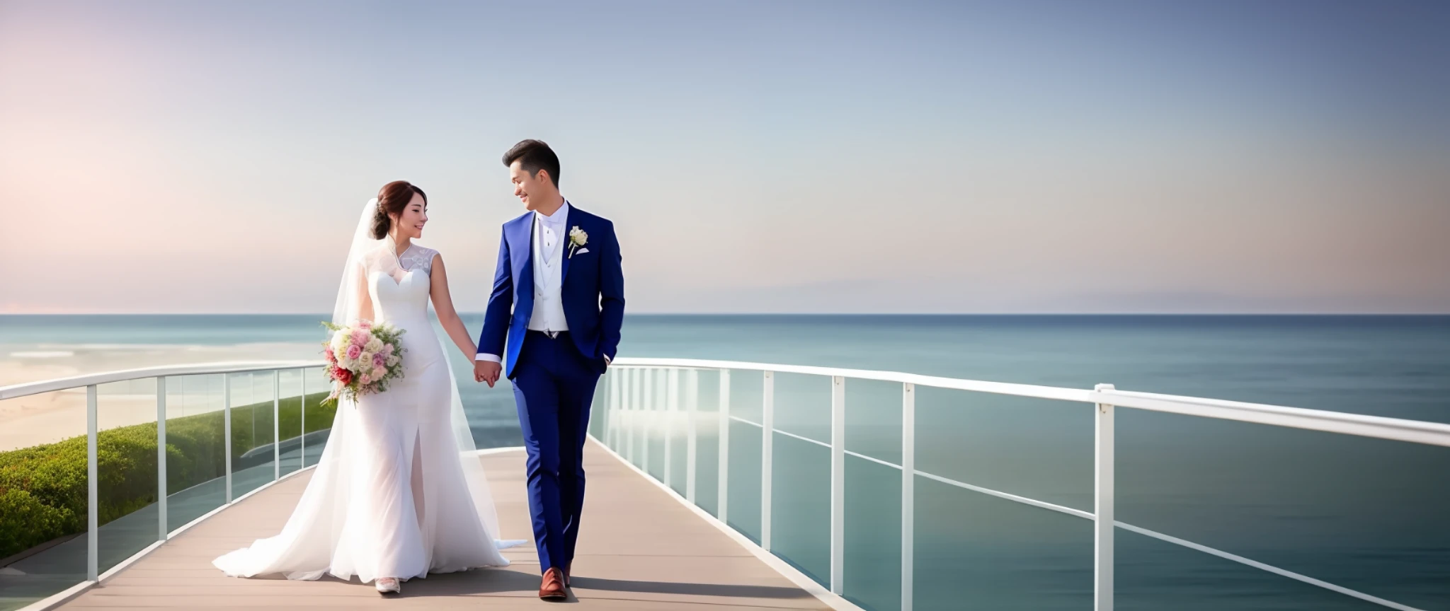 bride and groom walking on a walkway near the ocean, a digital rendering by Aya Goda, trending on cg society, romanticism, lovely couple, ao dai, render, true realistic image, wedding photo, very realistic, very very realistic, couple pose, formal attire, white sleeves, cg art, happy couple, rendering, bride and groom, beautiful and elegant