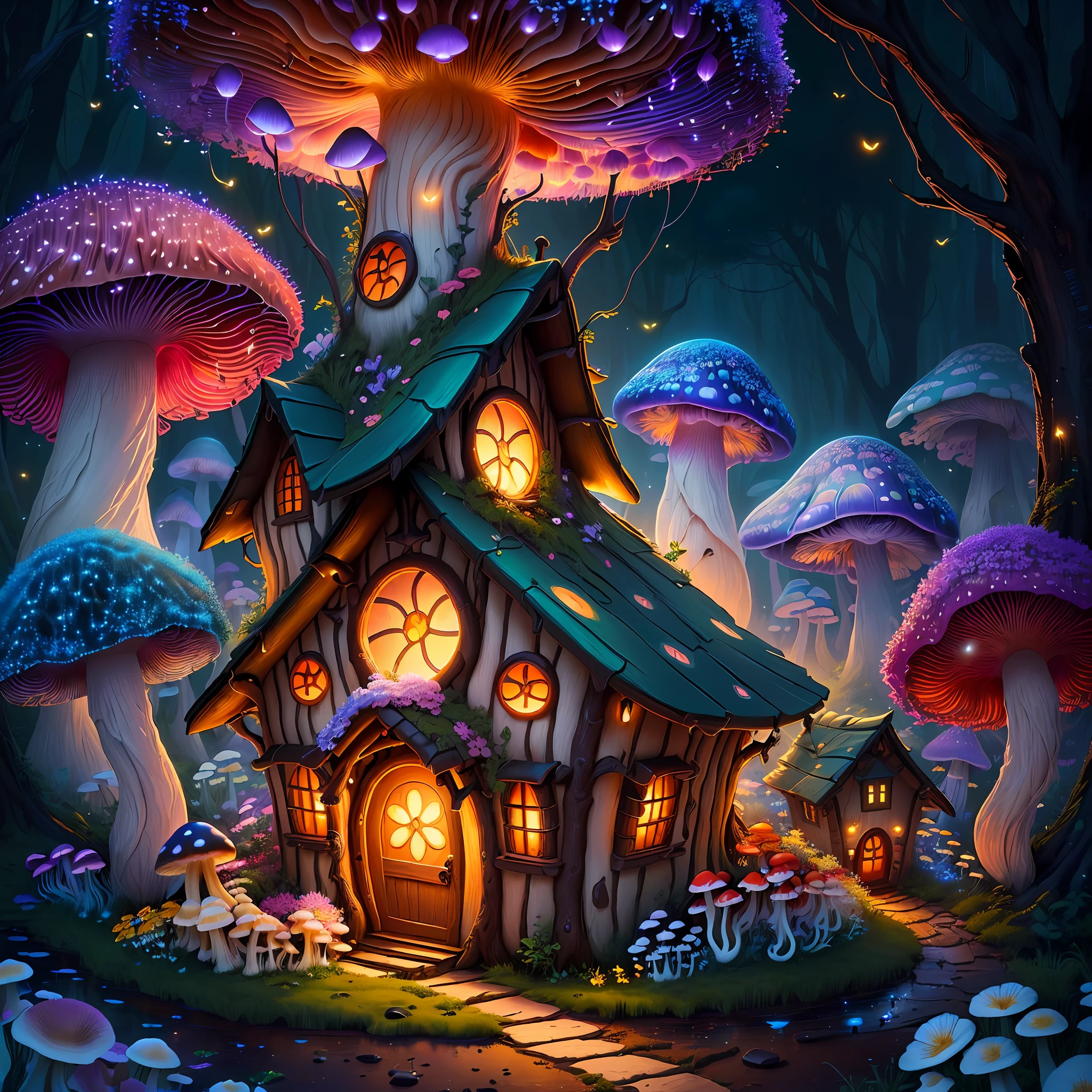 (Swirling clouds and colorful flowers), (forest fireflies fantasy mushroom house), (midnight), (Irregular), (mysterious), (ridiculous), dreamy, disney, painted by Thomas Kincaid, artstation, sharp focus, inspiring 8k wallpaper,