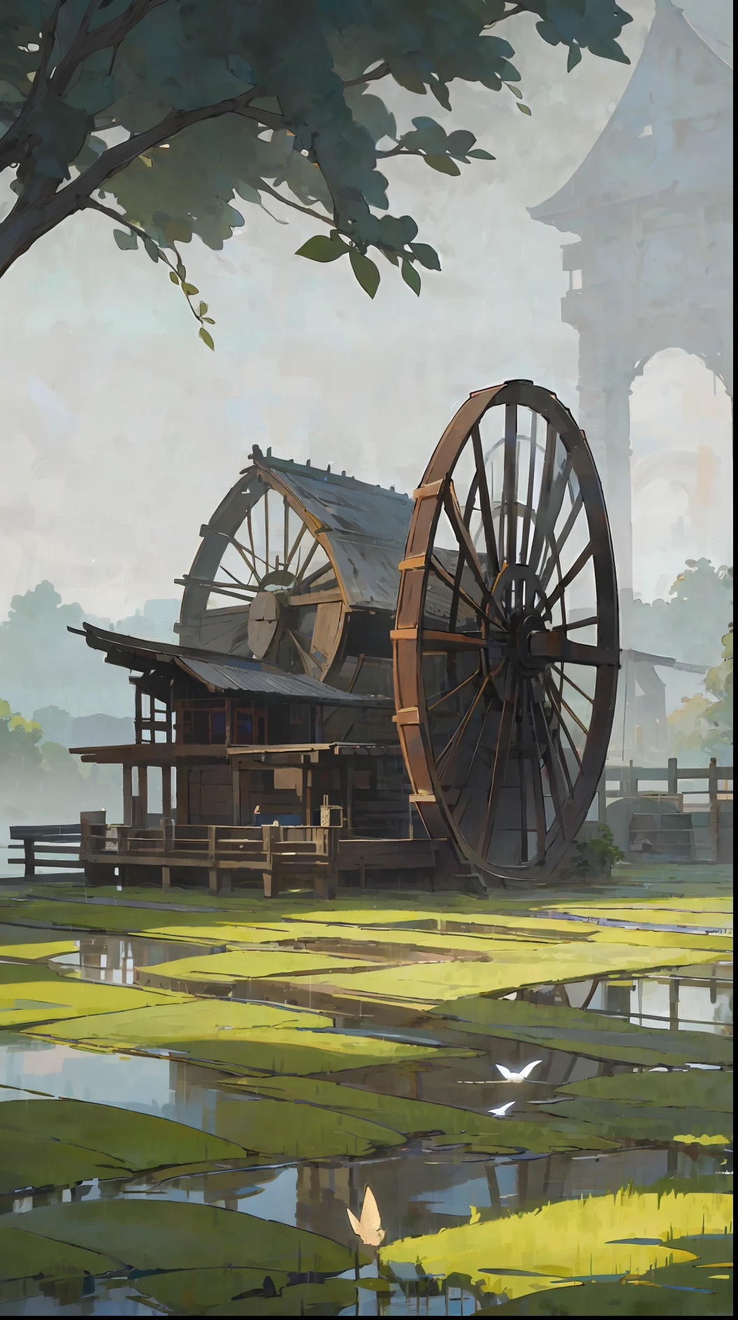 There is a huge waterwheel in the pond, with a complex structure and made of wood. There are willow leaves on the side of the pond, and there are small canals flowing in. The background is rice fields, swallows fly by in the hazy sky, and it is raining heavily