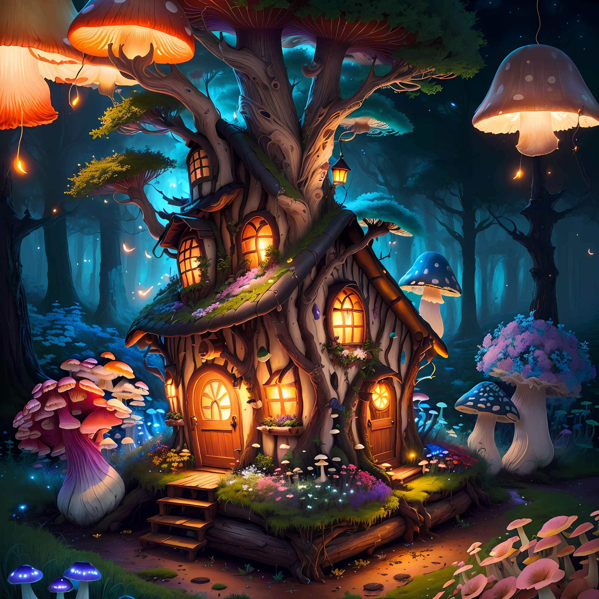 (Swirling clouds and colorful flowers), (forest fireflies fantasy mushroom house), (midnight), (Irregular), (mysterious), (ridiculous), dreamy, disney, painted by Thomas Kincaid, artstation, sharp focus, inspiring 8k wallpaper,