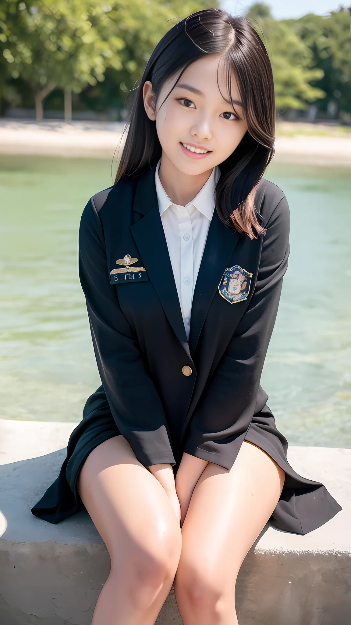 Highest quality, full body detail, golden ratio, (theater lighting: 0.7), masterpiece, viewer angle shot, cute smile, ( two classy 18 year old kpop korean girl sweaty ), looking straight mysteriously happy, siting on the sea side (wearing wet on sweat school uniform), sunset, curvy full body portrait, perfect face, amazing eyes, vivid details, (highly detailed skin), accent lighting, depth of field, old camera, conscious, digital grain, war photography, dogs perspective view angle photoshoot, from bottom to top