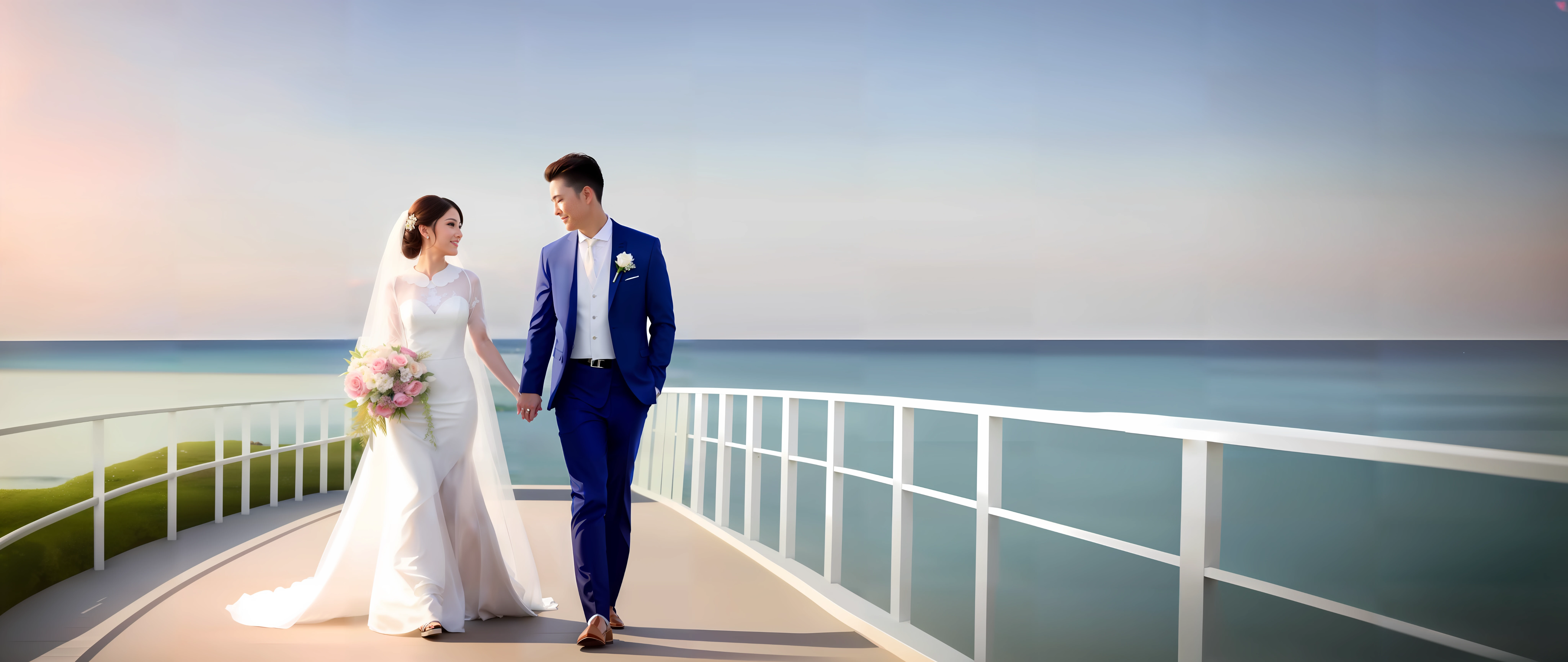 bride and groom walking on a walkway near the ocean, a digital rendering by Aya Goda, trending on cg society, romanticism, lovely couple, ao dai, render, true realistic image, wedding photo, very realistic, very very realistic, couple pose, formal attire, white sleeves, cg art, happy couple, rendering, bride and groom, beautiful and elegant