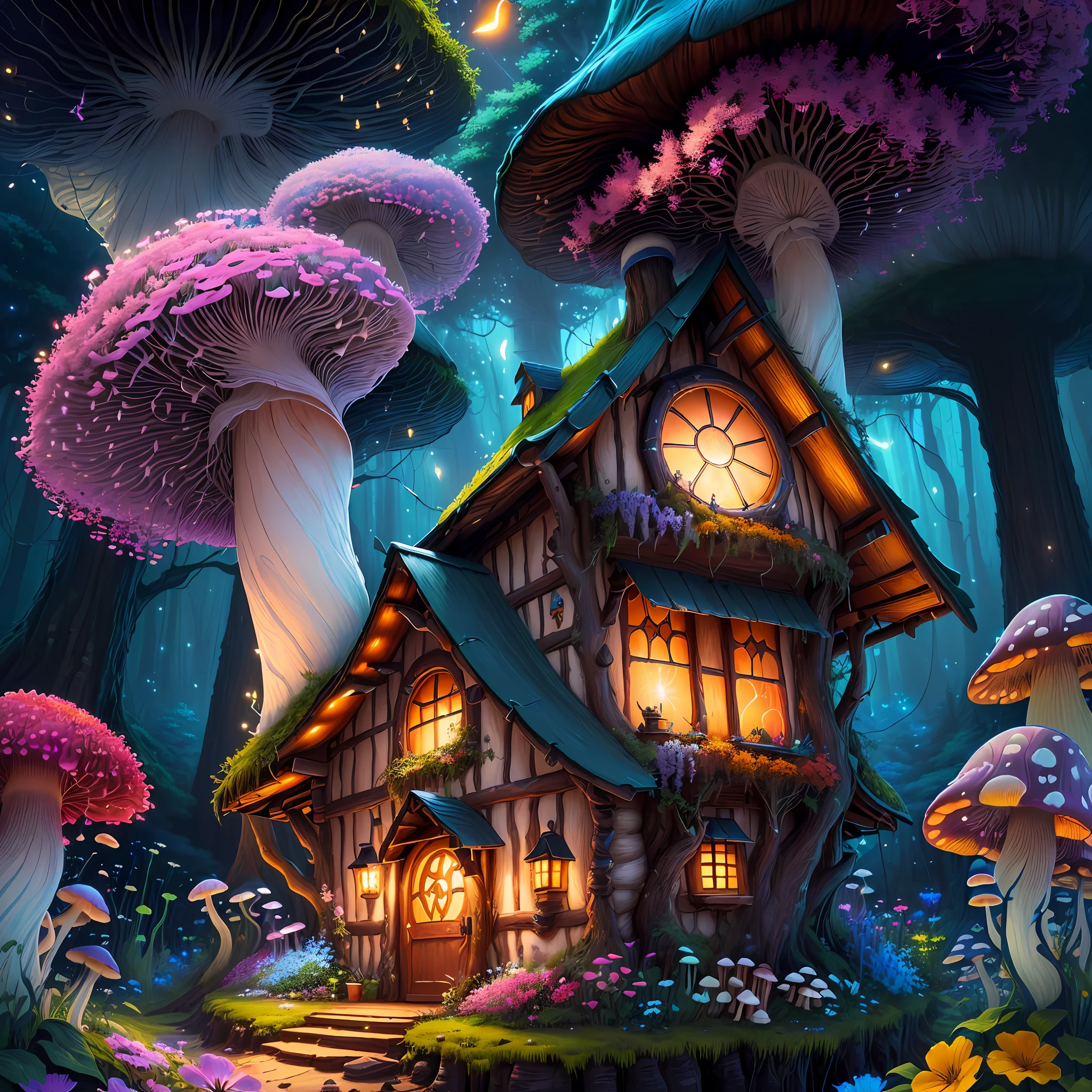 (Swirling clouds and colorful flowers), (forest fireflies fantasy mushroom house), (midnight), (Irregular), (mysterious), (ridiculous), dreamy, disney, painted by Thomas Kincaid, artstation, sharp focus, inspiring 8k wallpaper,