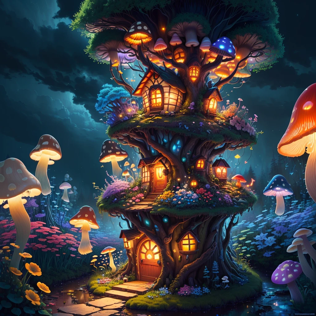 (Swirling clouds and colorful flowers), (forest fireflies fantasy mushroom house), (midnight), (Irregular), (mysterious), (ridiculous), dreamy, disney, painted by Thomas Kincaid, artstation, sharp focus, inspiring 8k wallpaper,
