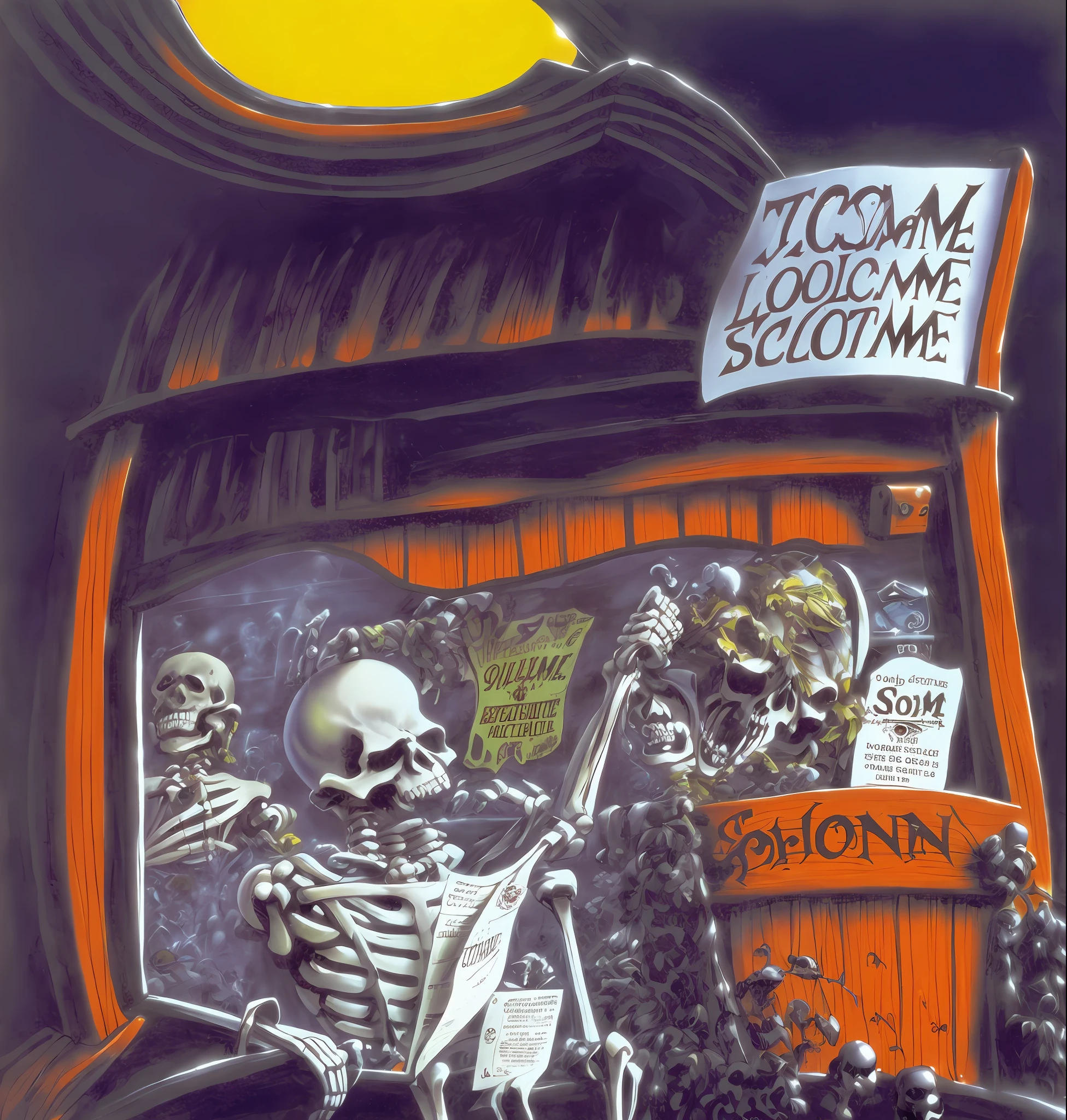 A skeleton, in a ticket booth, giving you a ticket,entrance to spookyland theme park,((goosebumps art by tim jacobus)),