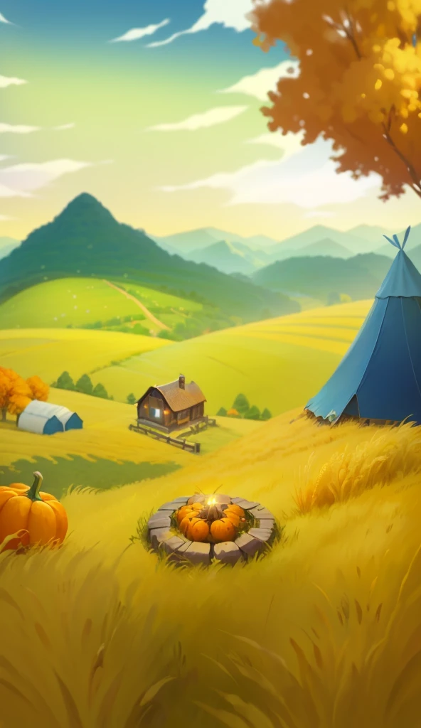 Cartoon style landscape closeup of golden wheat field, golden wheat field background, bonfire, pumpkins, fruit basket, tent, autumn trees, stylized concept art, stylized game art, background art, rolling valley background, background art, mobile game background , detailed game art, drawn for game concept art, 2d game environment design, mobile game art, beautiful sky background, concept art magic highlights