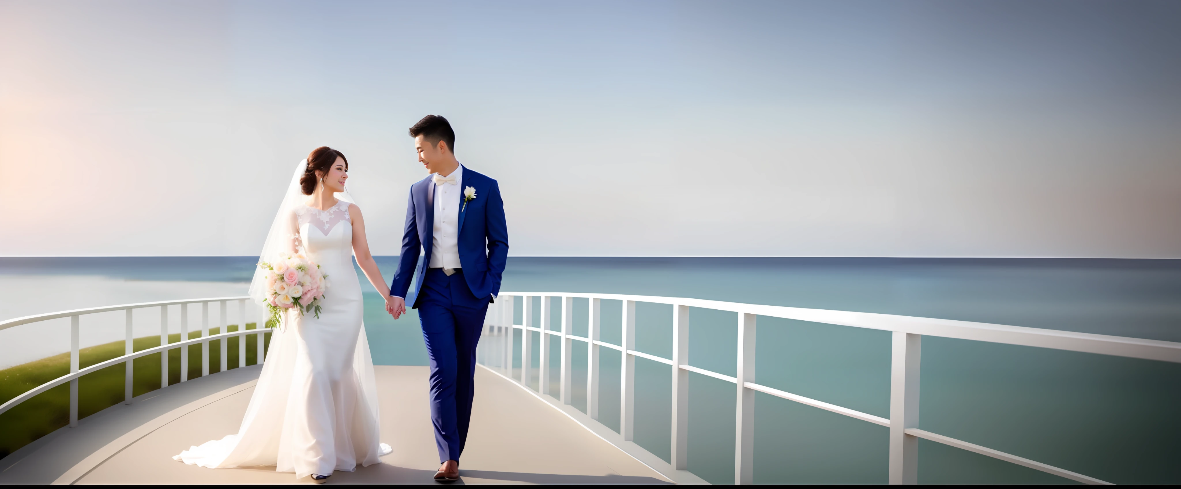 bride and groom walking on a walkway near the ocean, a digital rendering by Aya Goda, trending on cg society, romanticism, lovely couple, ao dai, render, true realistic image, wedding photo, very realistic, very very realistic, couple pose, formal attire, white sleeves, cg art, happy couple, rendering, bride and groom, beautiful and elegant