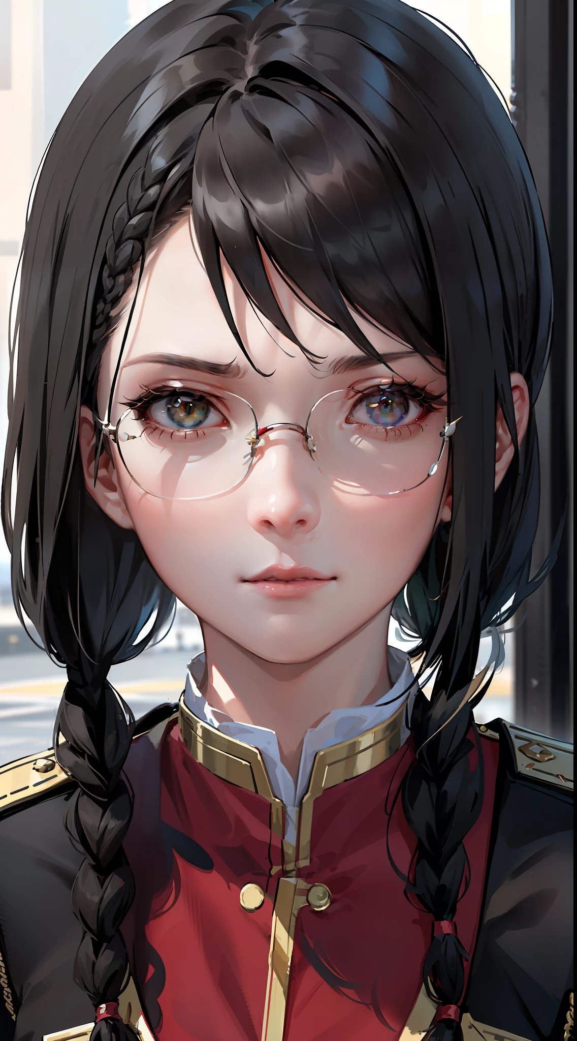 Beautifully detailed delicate face, detailed beautiful delicate eyes, perfect facial proportions, high-detailed skin, fine skin, best ratio four fingers to one thumb, masterpiece, detail High resolution, realistic, matching hair style and face shape, highest face resolution, adult, woman dressed modestly, completely dressed,( small, black hair, straight black braided hairstyle, Highest resolution 2 pigtails, straight bob bangs, red glasses, dark green eyes), armed forces, professor, ( academic uniform, scientist uniform, red shirt, white shirt), world future, science fiction, warship, standing on an aircraft carrier, government agency, deep intelligent personality, calm expression, respectful face, war, warplane