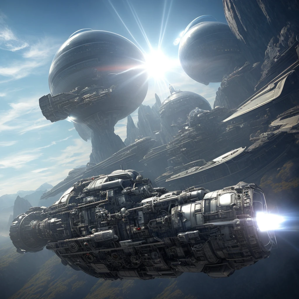 In the universe, a spaceship is flying, the front of the spaceship is the cockpit, there is a huge sky screen glass, the body of the spaceship has a rotating disc, metal texture, and the tail is two huge engines, the engines are shining, science fiction, metal texture, white, full image light, unreal engine, partial exposure, giant sense, film, super detailed, rich detail, hyper realism