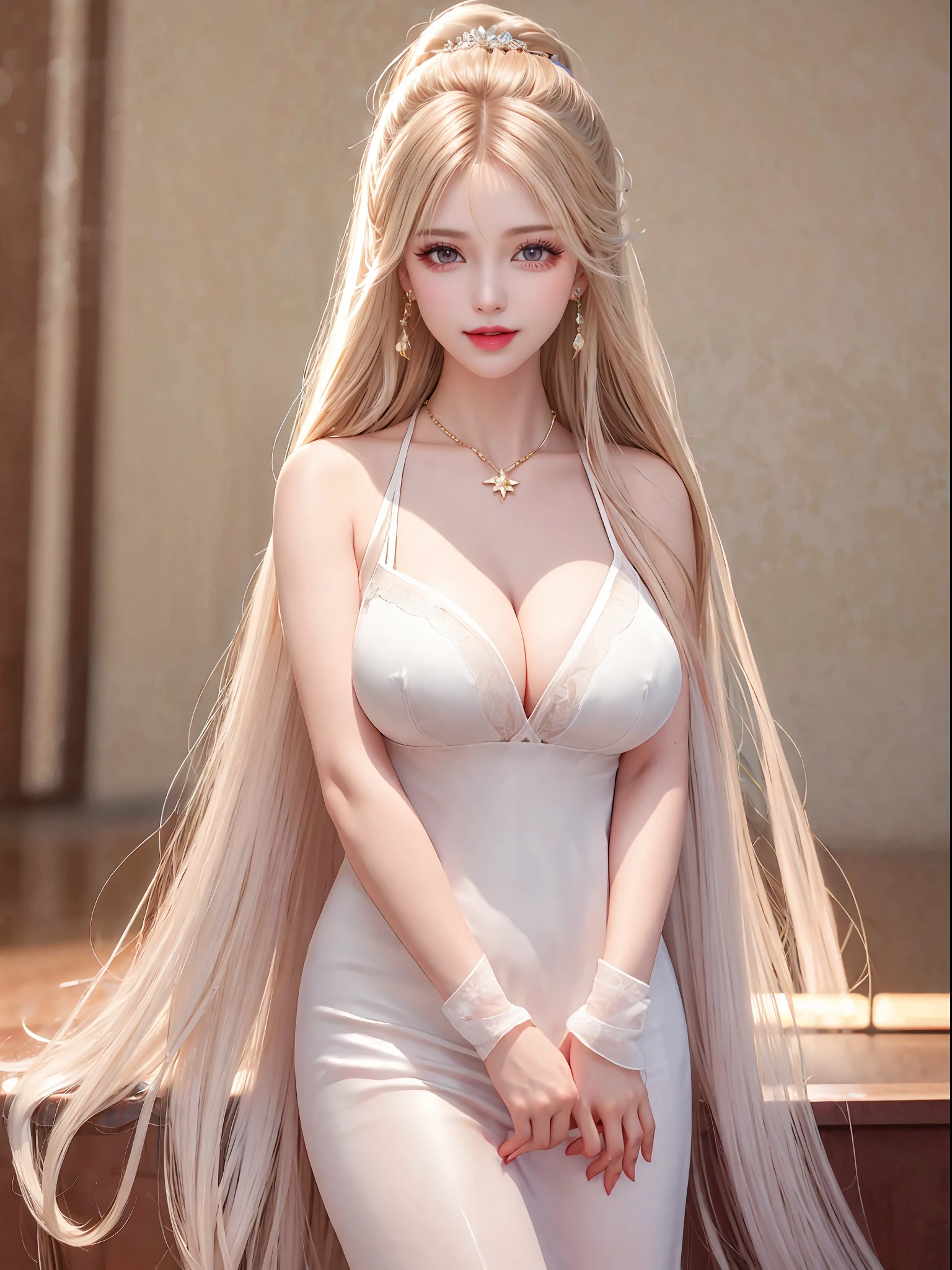 Female teacher standing in the classroom v6, necklace, earrings, full body v6, long white hair, translucent clothes, visible, superb, ultra-high-definition, RAW photo, realism: 1.25), (bright lip gloss, long eyelashes, smooth face, light skin, natural shadows, wide light, wide light, depth of field, strong colors, subtle caustics: 0.8), smile, (big tits), v6