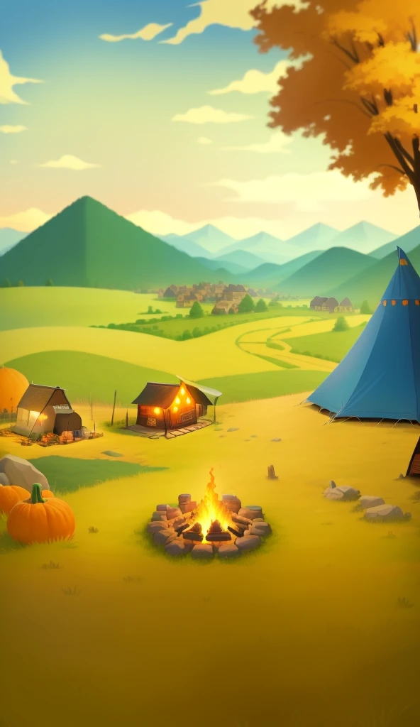 Cartoon of a campsite with fire and tents, background artwork, background art, stone campfire background, pumpkin farm background, 2d game art background, mobile game background, farm background, game background, tavern background, mobile game art, cozy home background, stylized concept art, 2d game background, autumn background, distant village background, rpg background
