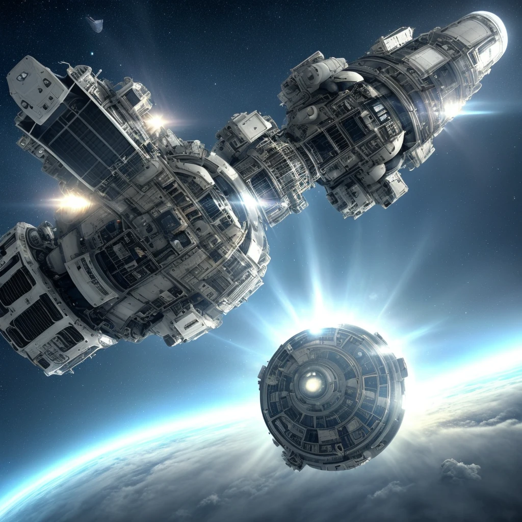 (sci-fi, metal texture, white, full picture light) [(ultra-detailed, rich in details)::1.2], (giant sensory, cinematic, surreal) [(tail engine light and shadow, cockpit, stereoscopic effect):: 1.3], the spaceship, the body rotates the disk, the huge engine is more prominent after exposure, [(partial exposure)::0.7], the huge sky glass of the cockpit, [(three-dimensional effect)::1.2], the engine is shining , the shape has a strong sense of science fiction, and the overall sense is huge.