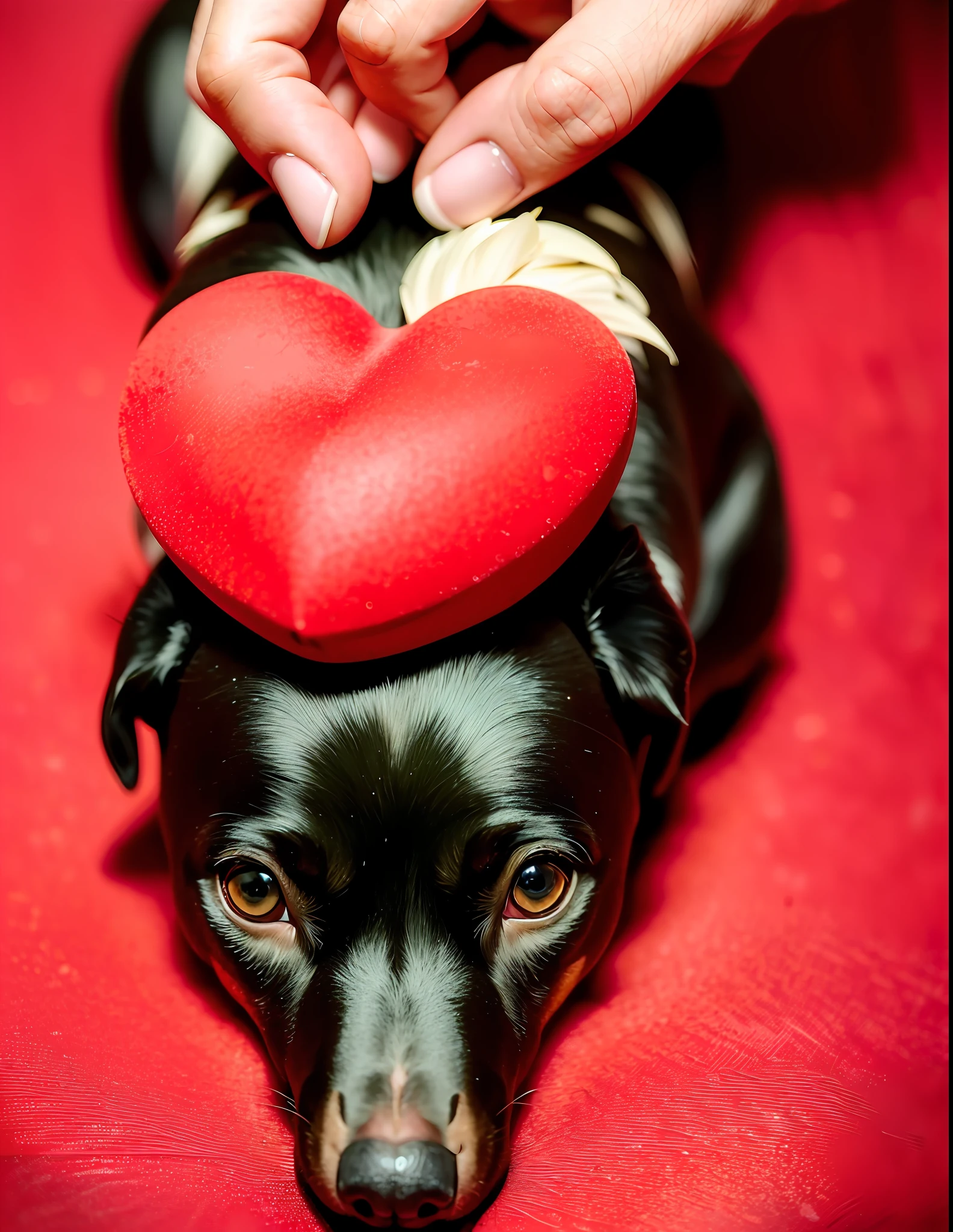 (8k, RAW photo, best quality, mastery:1.2), (realistic, photo-realistic:1.37), Valentine's Day, lovers, dogs, flying red petals