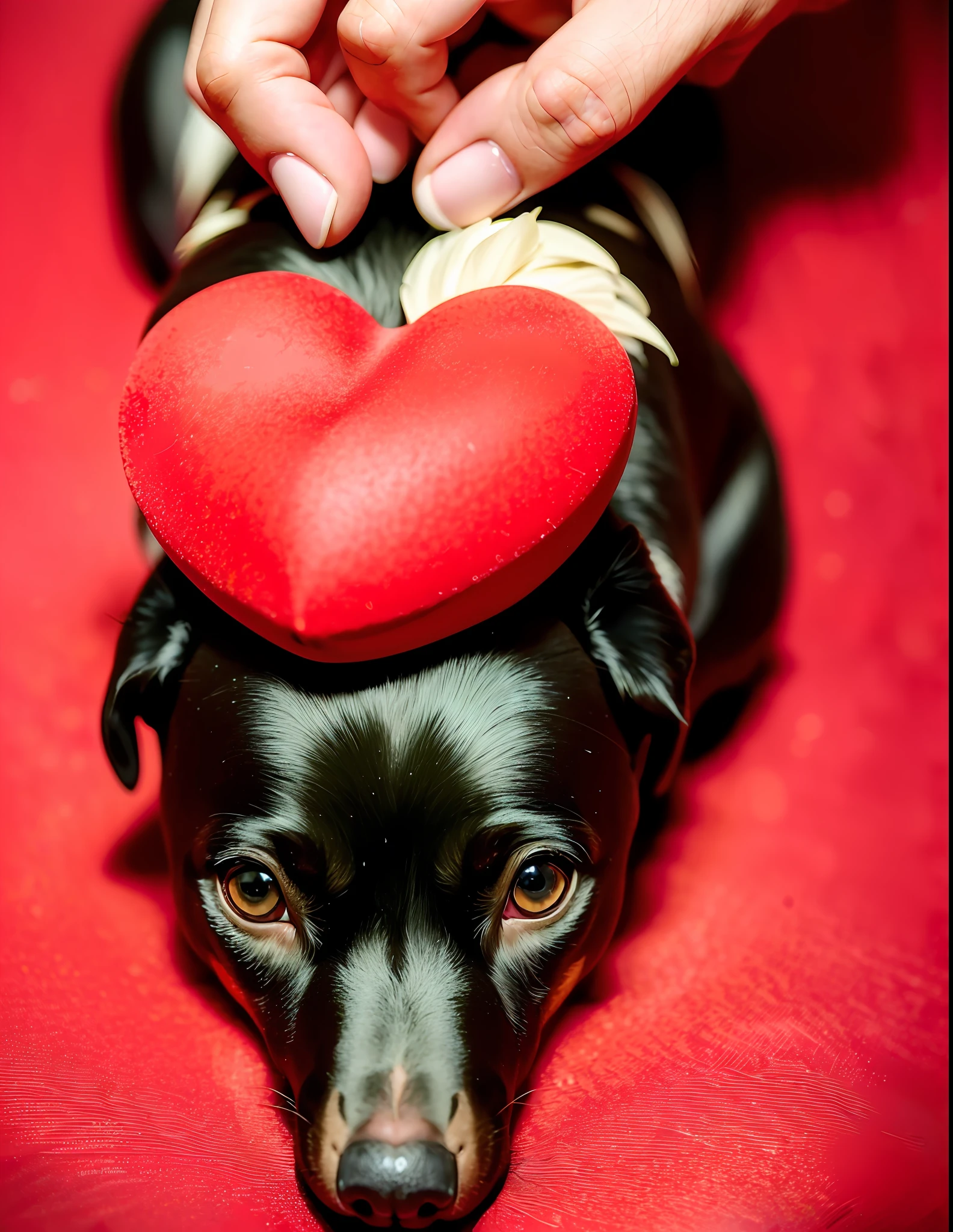(8k, RAW photo, best quality, mastery:1.2), (realistic, photo-realistic:1.37), Valentine's Day, lovers, dogs, flying red petals