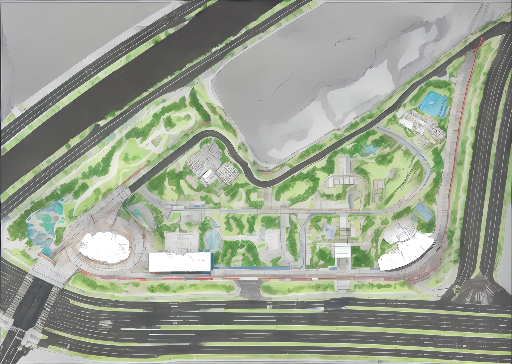a rendering of a plan of a park with a train track, digital rendering, conceptual, hyperdetailed!, detailed rendering, hyperdetailed!!!, a digital rendering, high resolution details, hyperdetailed!!, zoomed out view, isometric view, photorealistic ”, photorealistic”, aerial illustration, most detailed, hyperdetailed illustration, hq very detailed, landscape architecture photo
