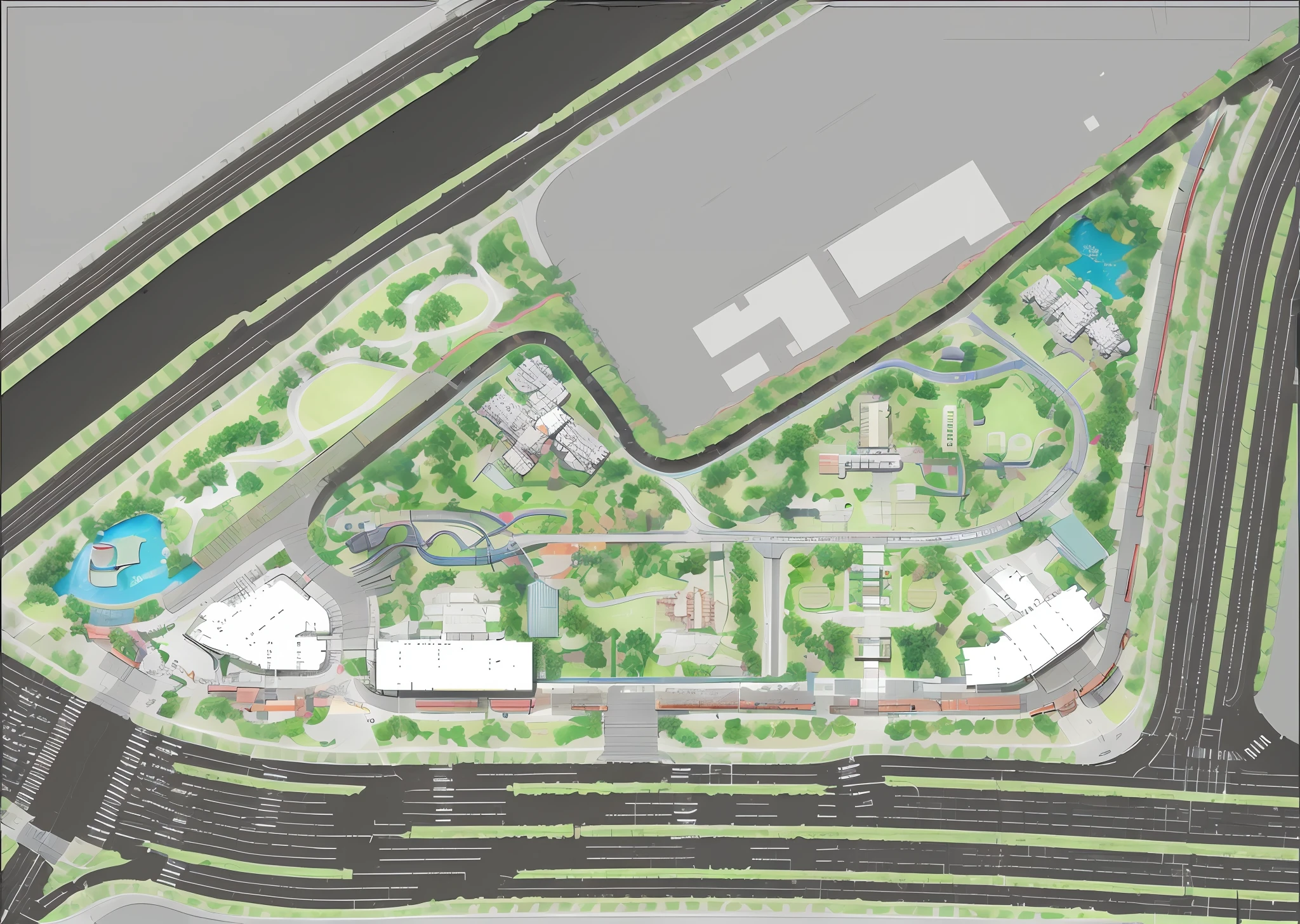 a rendering of a plan of a park with a train track, digital rendering, conceptual, hyperdetailed!, detailed rendering, hyperdetailed!!!, a digital rendering, high resolution details, hyperdetailed!!, zoomed out view, isometric view, photorealistic ”, photorealistic”, most detailed, aerial illustration, hyperdetailed illustration, hq very detailed, landscape architecture photo