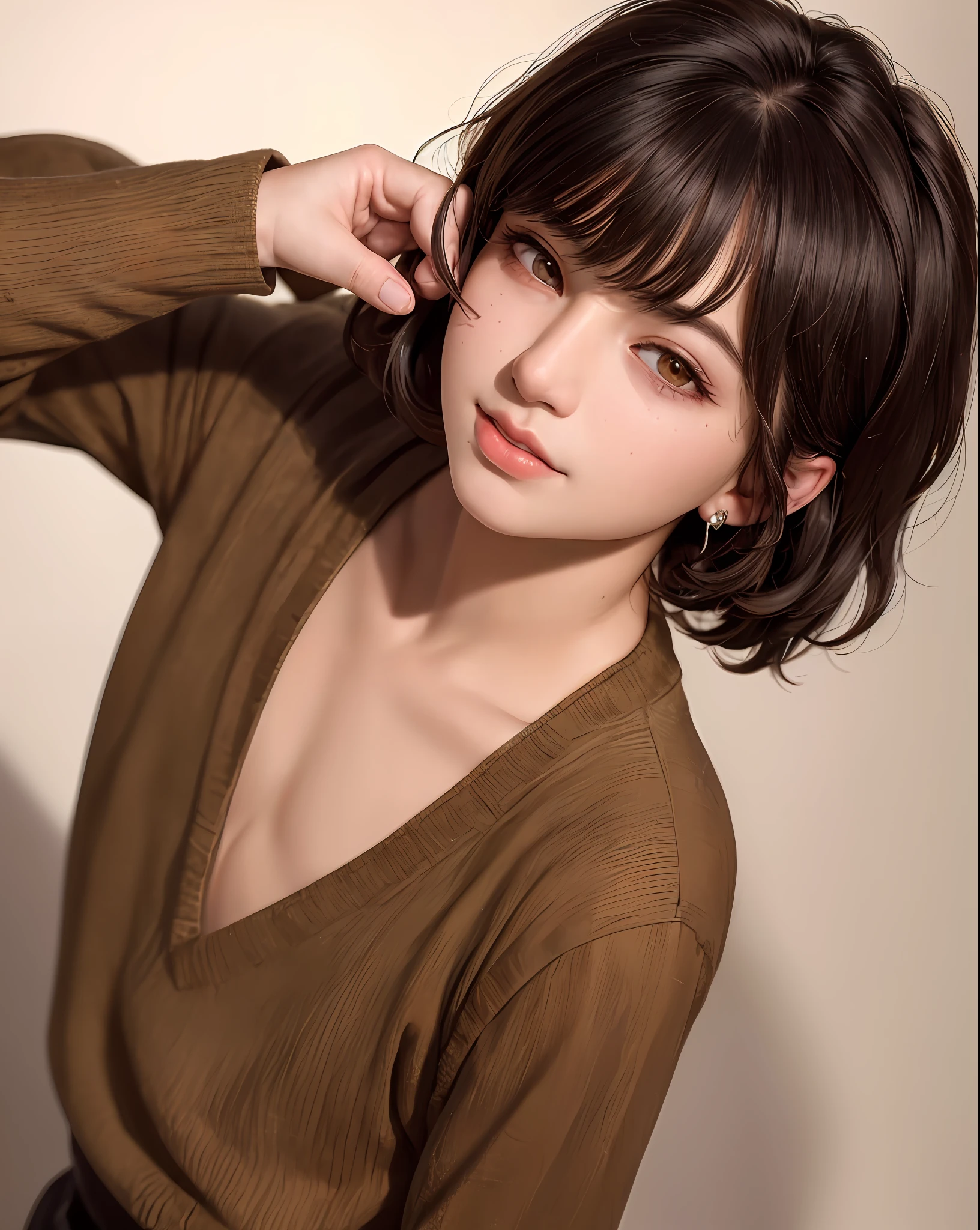 Masterpiece, Best Quality, Ultra Detailed, 8K, Detailed Lighting, Detailed Shadows, RAW, (Detailed Skin), (Fidelity: 1.2), 1boy, Face, Handsome, Short Hair, Shirt, Looking at Viewer, Brown Eyes, simple background, black hair, smile, eyelashes, lips, hand on own cheek