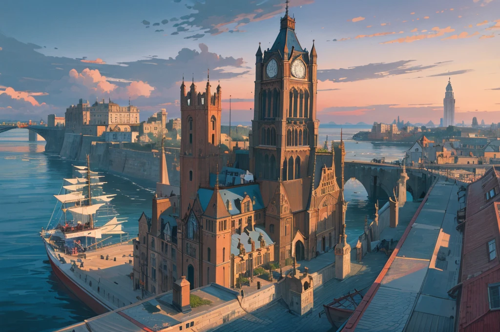 (8k, RAW photo, best quality, masterpiece), architecture, beach, evening_sky, boat, bridge, building, city, city_lights, cityscape, cloud, cloudy_sky, evening, victorian_architecture, horizon, house, landscape, mountain, no_humans, ocean, outdoors, river, rooftop, scenery, sky, skyline, skyscraper, tower, town, water, watercraft, waterfall, time progression, (19th century, victorian, industrial,factories),