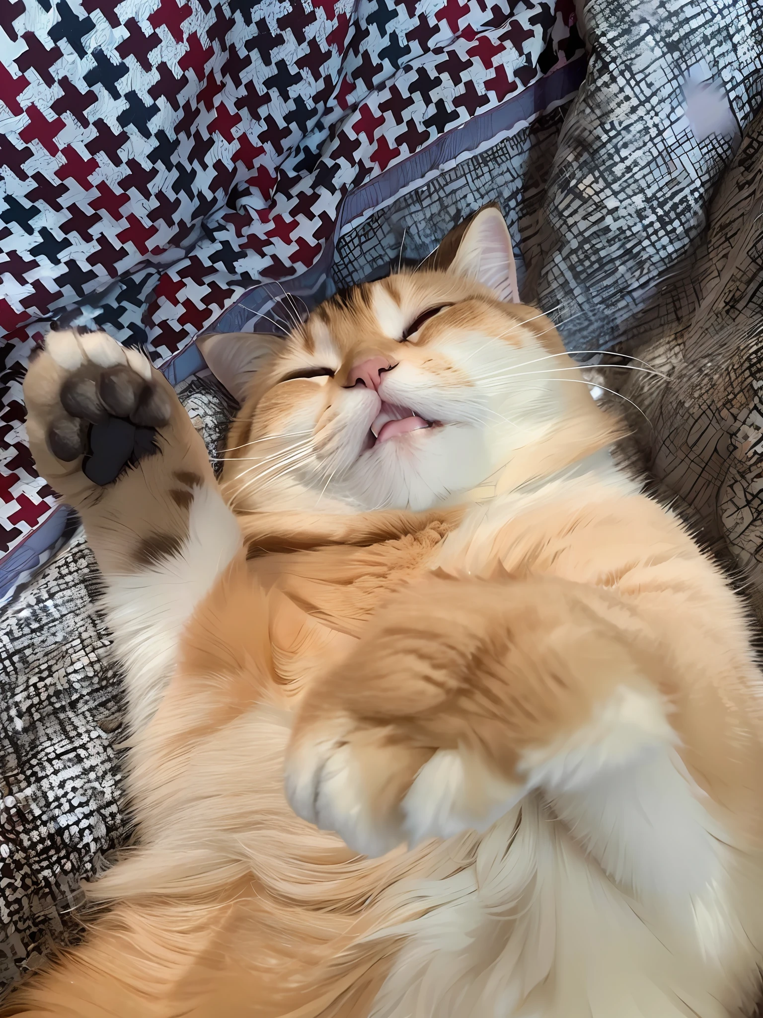 there is a cat that is laying down on a couch, he is very relaxed, beautiful cat feet, showing his paws to viewer, a cat is smiling, happy cat, the cat is smiling, cat sleeping, happy wise. he has bouncy belly, awesome cat, cat is floating in air, winking at the camera, smiling cat, a cute cat, cute cat
