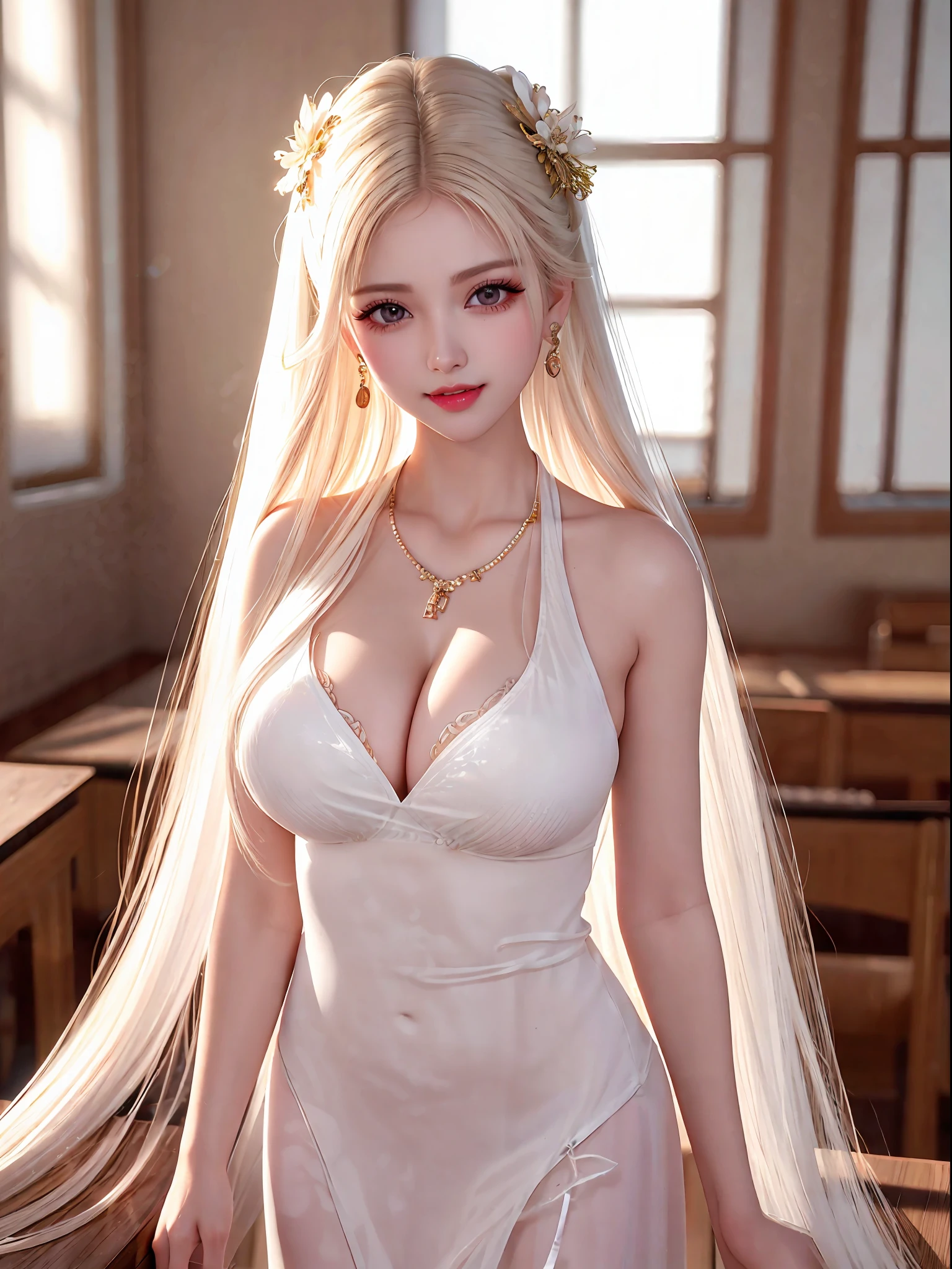 Female teacher standing in the classroom v6, necklace, earrings, full body v6, long white hair, translucent clothes, visible, superb, ultra-high-definition, RAW photo, realism: 1.25), (bright lip gloss, long eyelashes, smooth face, light skin, natural shadows, wide light, wide light, depth of field, strong colors, subtle caustics: 0.8), smile, (big tits), v6