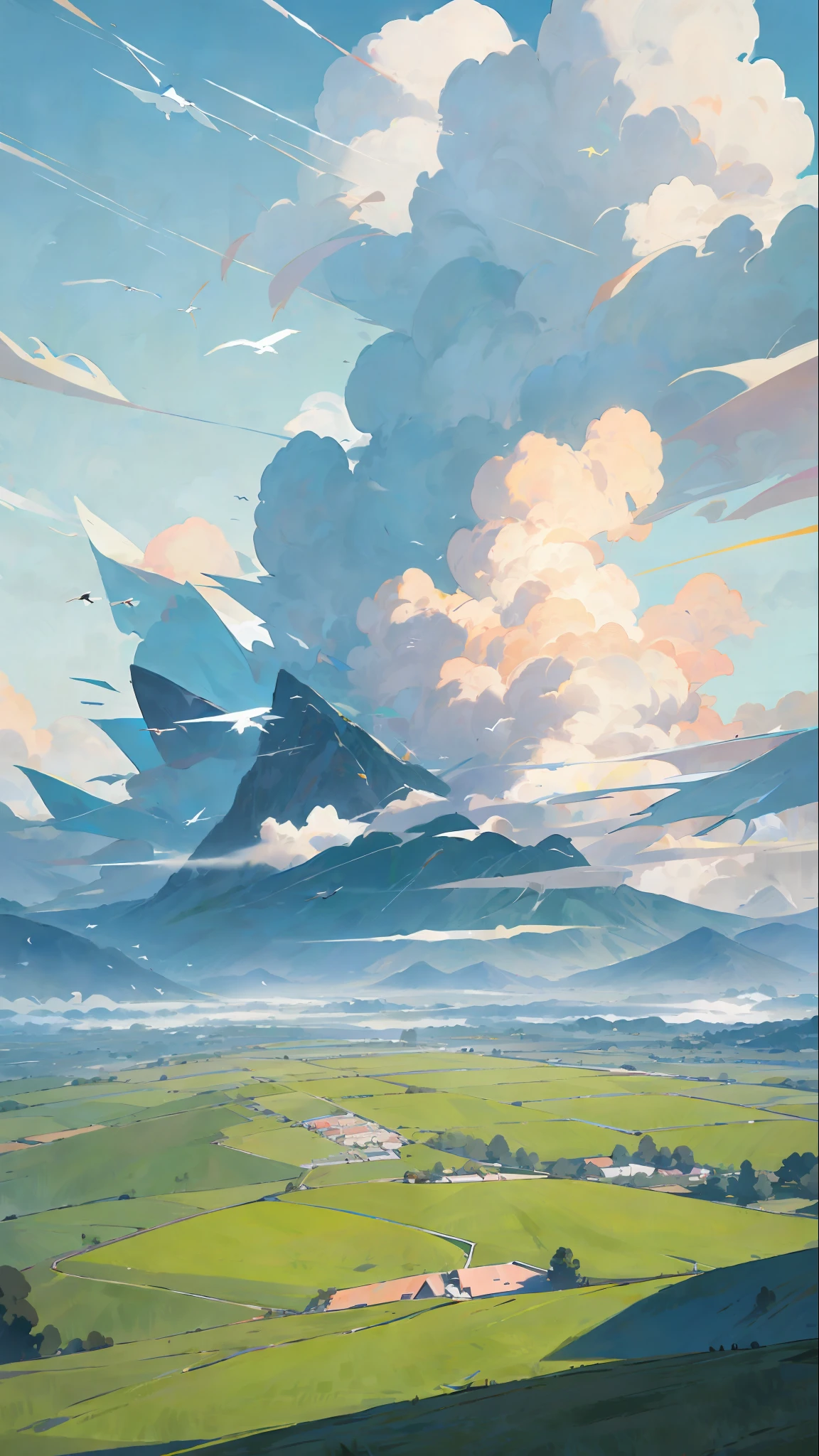 Poster design, the wind gently blows through the green grass, and in the distance is a large area of neatly arranged farmland, as well as mountains, the sky is very blue, a large beautiful cloud, and migratory birds fly by in the sky